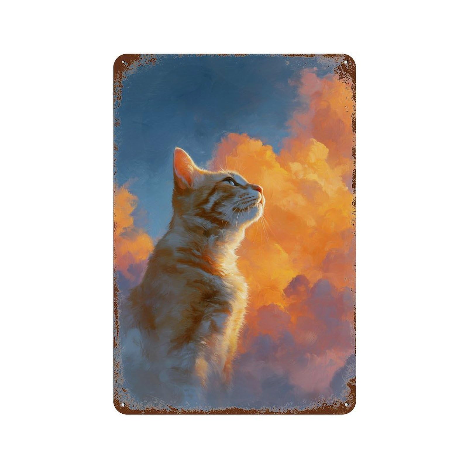 Golden Cat Sunset Painting Vintage Rust Metal Sign 11.8"x7.9", Shabby Chic Decor for Shed, Workshop And Garage Wall Decor