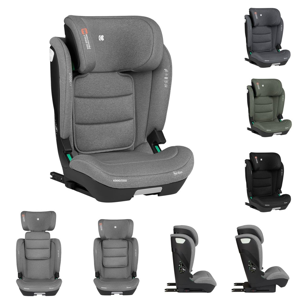 Kikkaboo fotelik dziecięcy i-Scout i-Size (100-150 cm) regulowany zagłówek, ISOFIX, kolory: jasnoszary