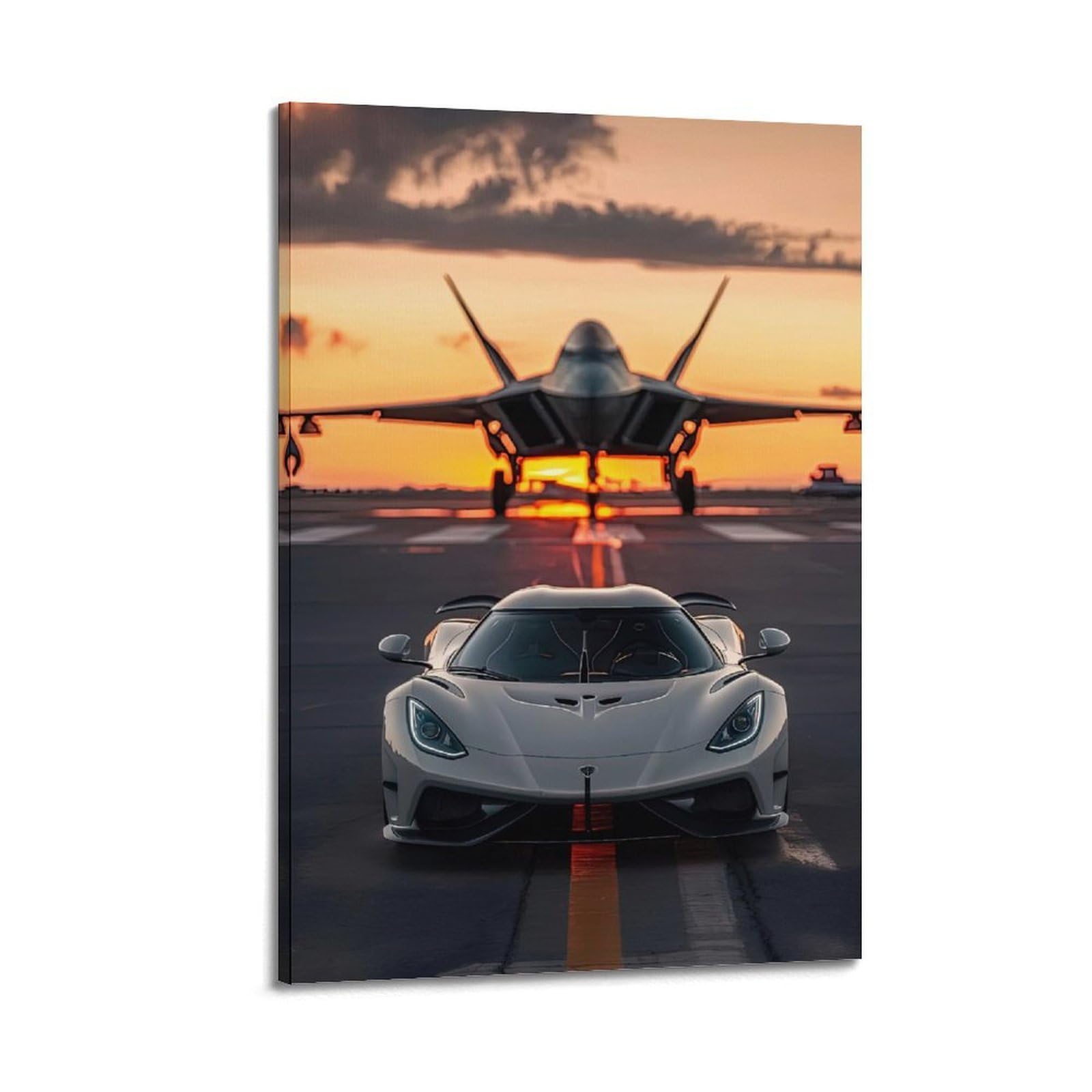 OKAHYS Jesko Hypercar White Sports Car & Fighter Aircraft Poster Decorative Painting Canvas Wall Artworks Picture 20x30inch(50x75cm)