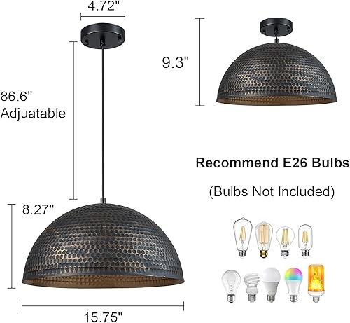 Miniatura 4 de Lámpara colgante martillada negra y dorada de 15.7 pulgadas, pantalla de cúpula de metal industrial, luces colgantes para isla de cocina, lámpara