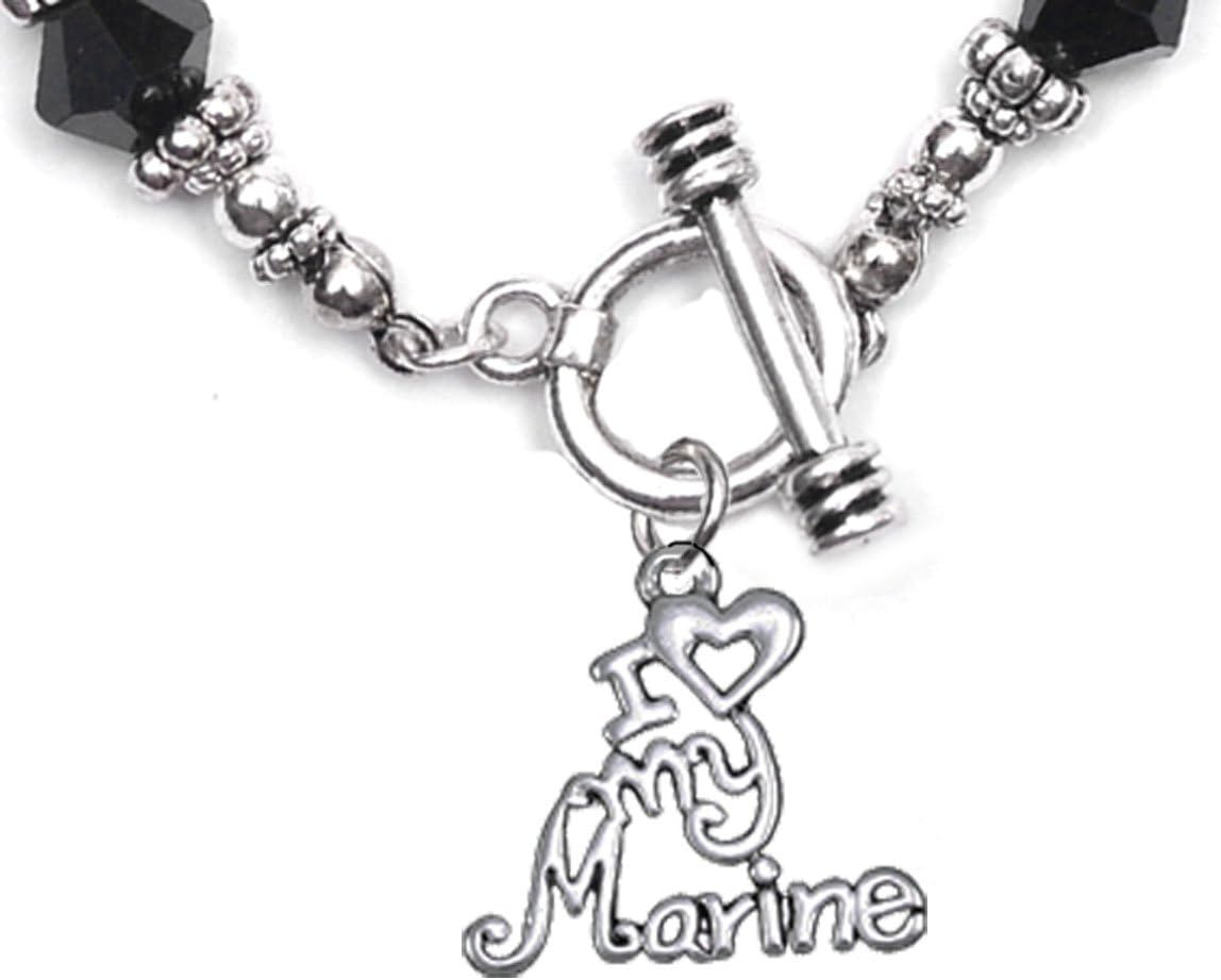 Cardinali Jewelry Marine, I Love My Marine, Black Crystal Bracelet Hypoallergenic, Safe-Nickel, Lead, Cadmium Free