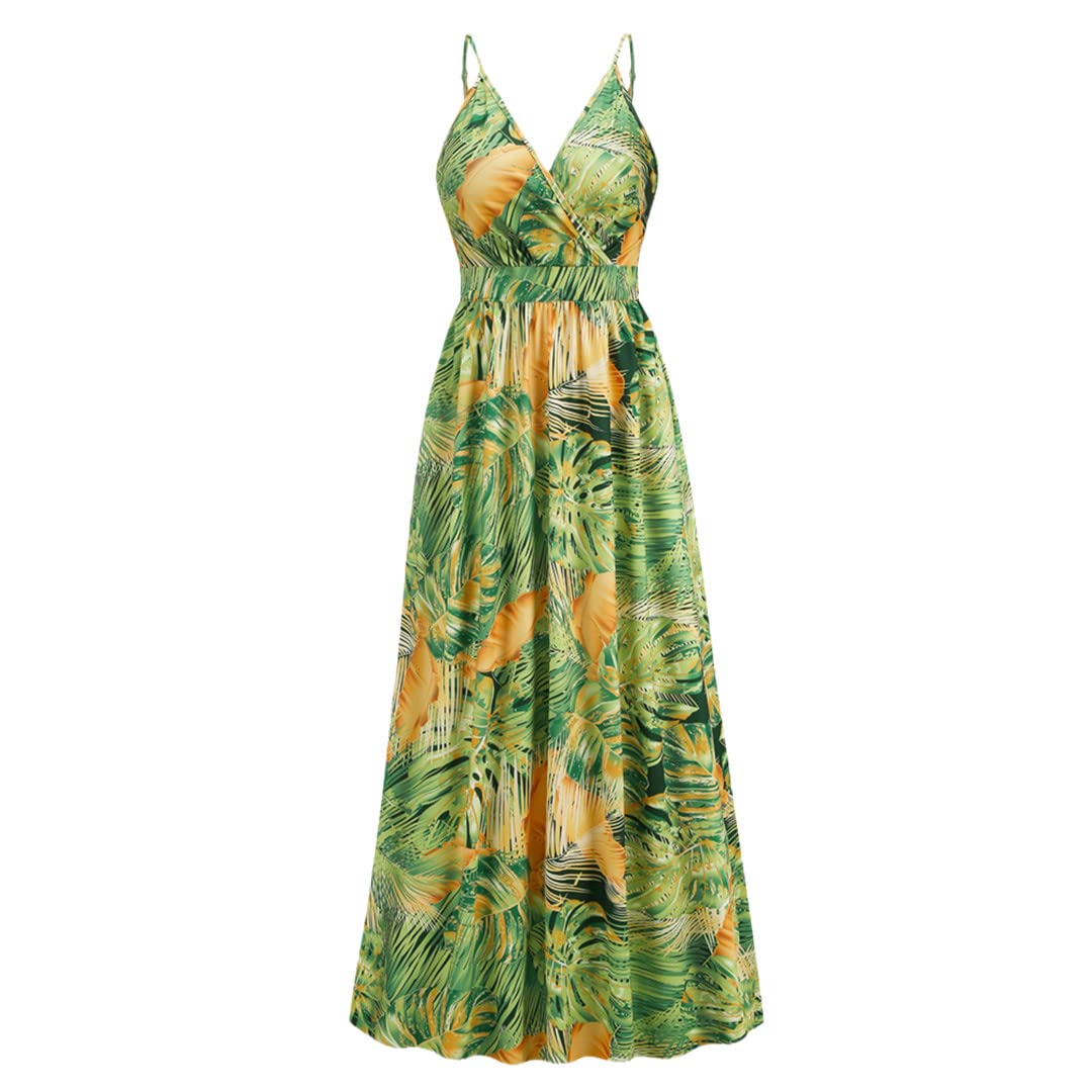 Dninmim Vestido largo de verano con cuello en V profundo, sin espalda, cintura elástica, sin mangas, estampado bohemio, Esmeralda En8, S