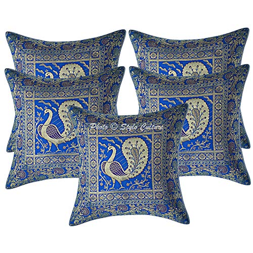 Image of Decorative Brocade Cushion Covers 16x16 Inch Banarasi Jacquard Weave Turquoise & Gold Living Room Peacock Festive Decor Square 40x40 cm Zippered Sofa Settee Pillowcases -Set of 5 Pcs