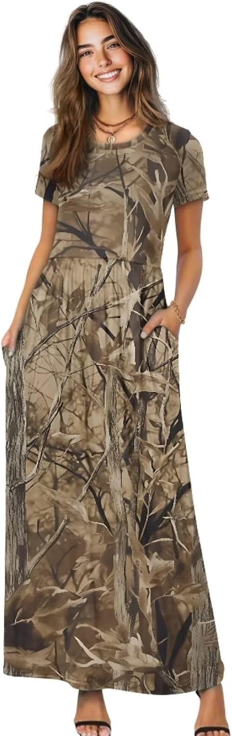 Hunting Camo Leaf Long Maxi Dresses for Women Casual Short Sleeve Round Neck Party Dress with Pockets