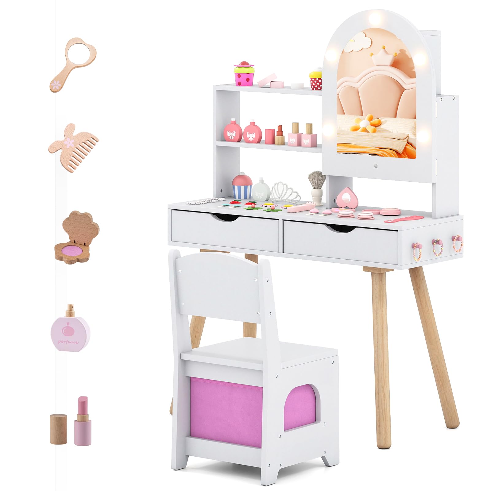 RELAX4LIFE Toeletta Trucco per Bambini con Luci, 3 Colori e Luminosità Regolabile, Set di Tavolo e Sedia con Specchio, Postazione Trucco per Bambini 3+ Anni (Bianco)