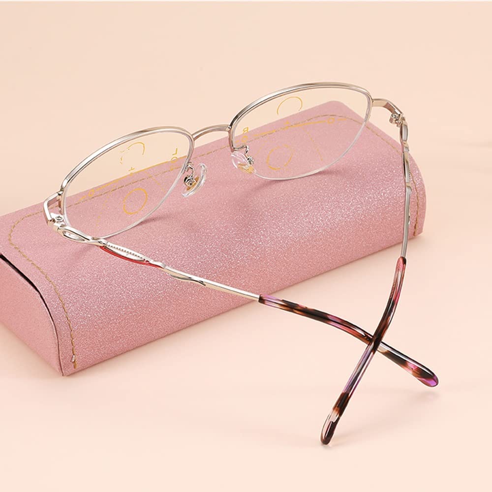 FREAZE +3.0 Rot Halber Rahmen Brille Lesehilfe Mode Damen Lesebrillen Gleitsichtbrille Mit Federscharnier Metallrahmen(Kratzfest) (Color : Silver, Size : +2.5)