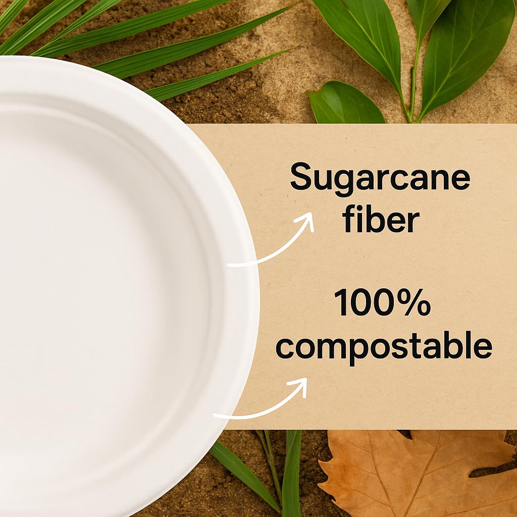 [23cm - 1000 pezzi] Piatti TONDI piani biodegradabili compostabili ecologici in bagassa - usa e getta, resistenti e riciclabili, ideali per feste, catering, eventi