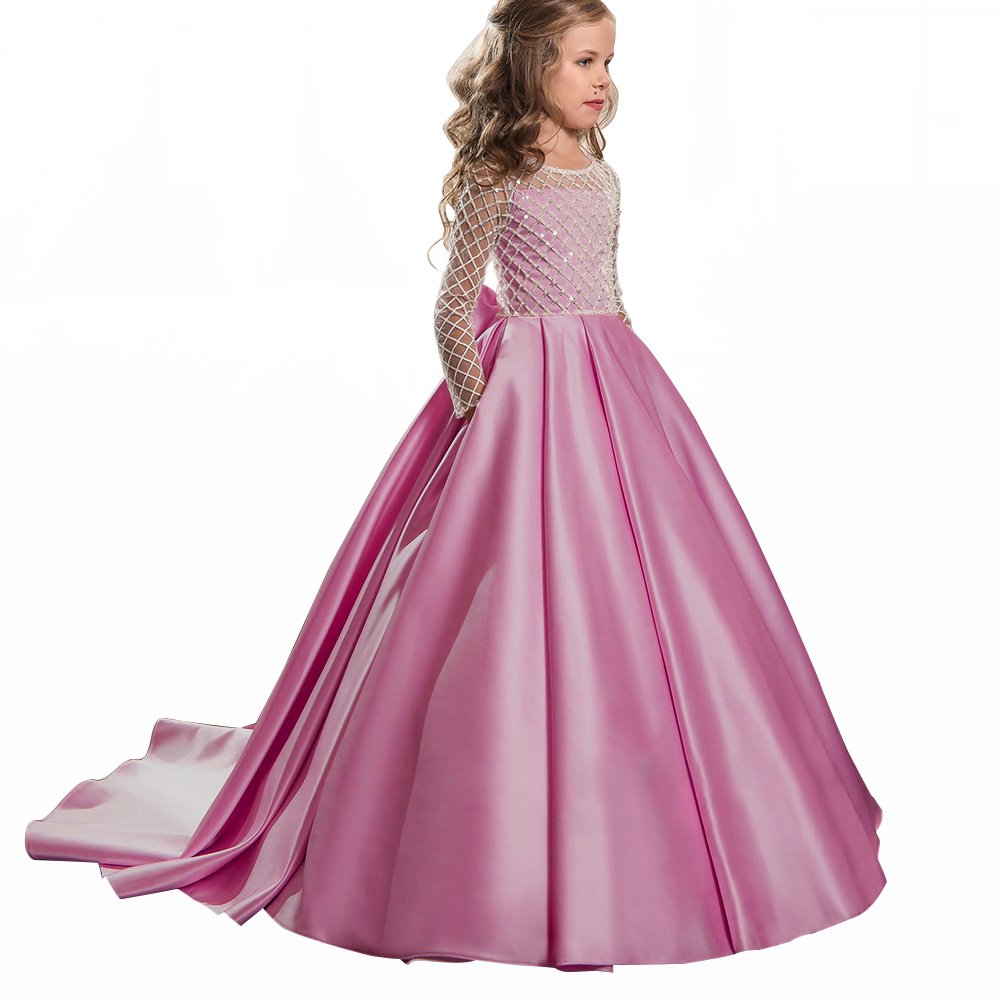 Christmas Flower Girl Dress Floor Length Button Draped Tulle Ball Gowns for Kids