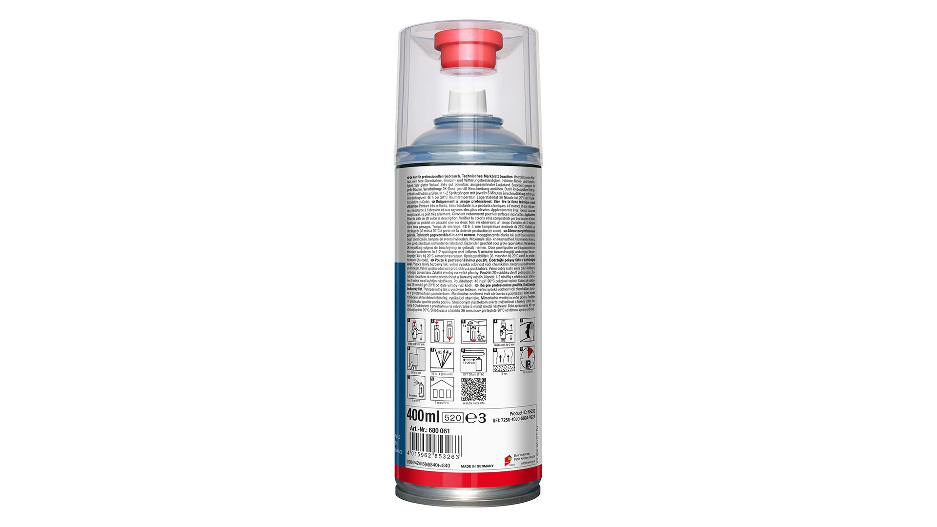 Vernis de Finition 2k SpreyMax - Bombe Aérosol Spray de Vernis de Finition Bicomposant 2k Carosserie Auto Moto - Brillant - 400 ml - Ref. 680061