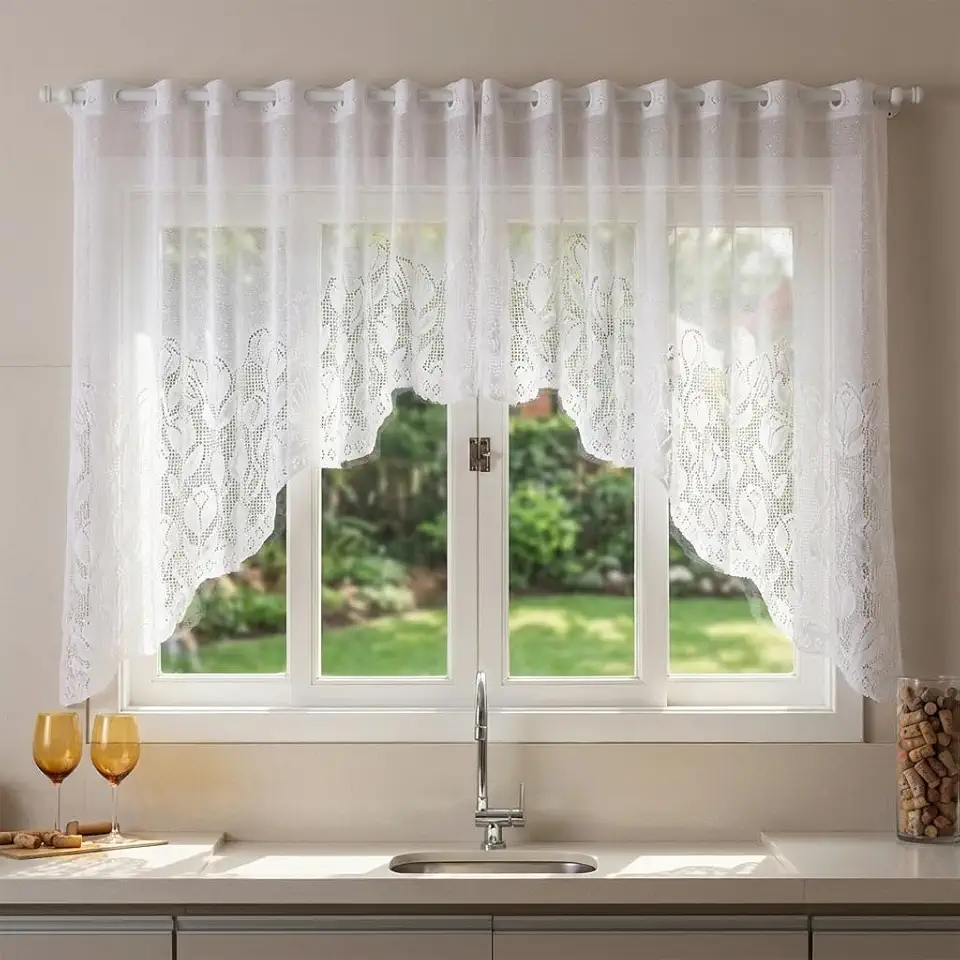 Cortina Cascata de Renda Cozinha Sala Quarto - Tulipas 3,20cm x 1,10cm Branca Decoração Elegante Moderna
