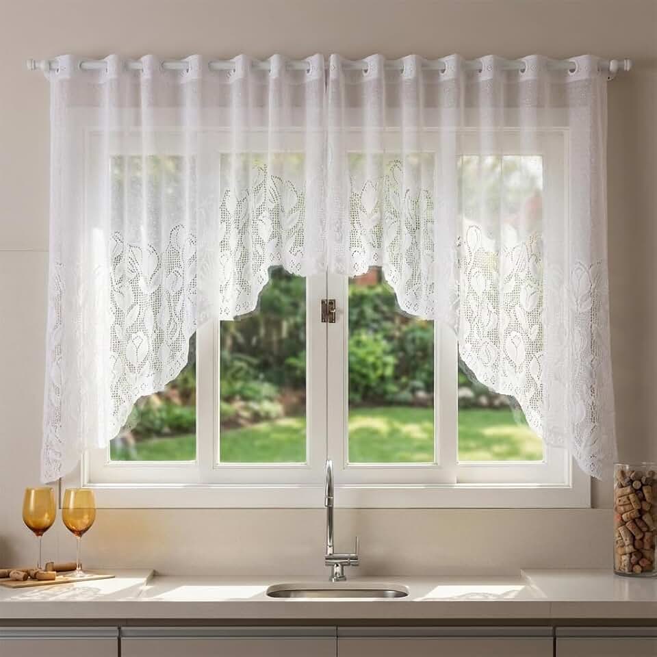 Cortina Cascata de Renda Cozinha Sala Quarto - Tulipas 3,20cm x 1,10cm Branca Decoração Elegante Moderna