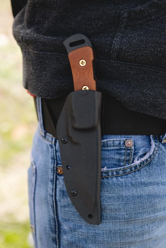 Tops Knives Overlander 2 Full Tang Fixed Blade- Black Traction Coating Blade Finish- Black Kydex Sheath w/Rotating Spring Steel Clip (Tan Canvas Micarta Handle)