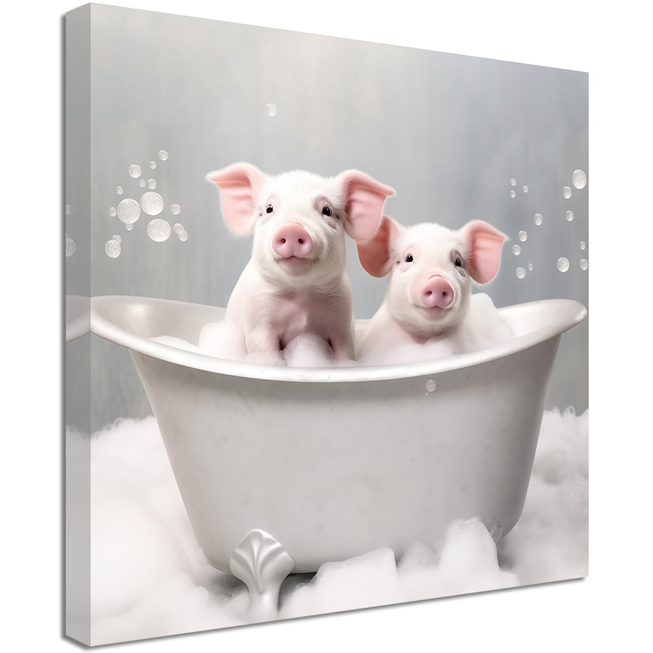 LMYSXAOZ Bathroom Animal Canvas Wall Art Cute Pig in Bubble Bathtub Painting Prints Pink Pigs Picture Artwork Funny Poster Framed (Pig,28.00" x 28.00")