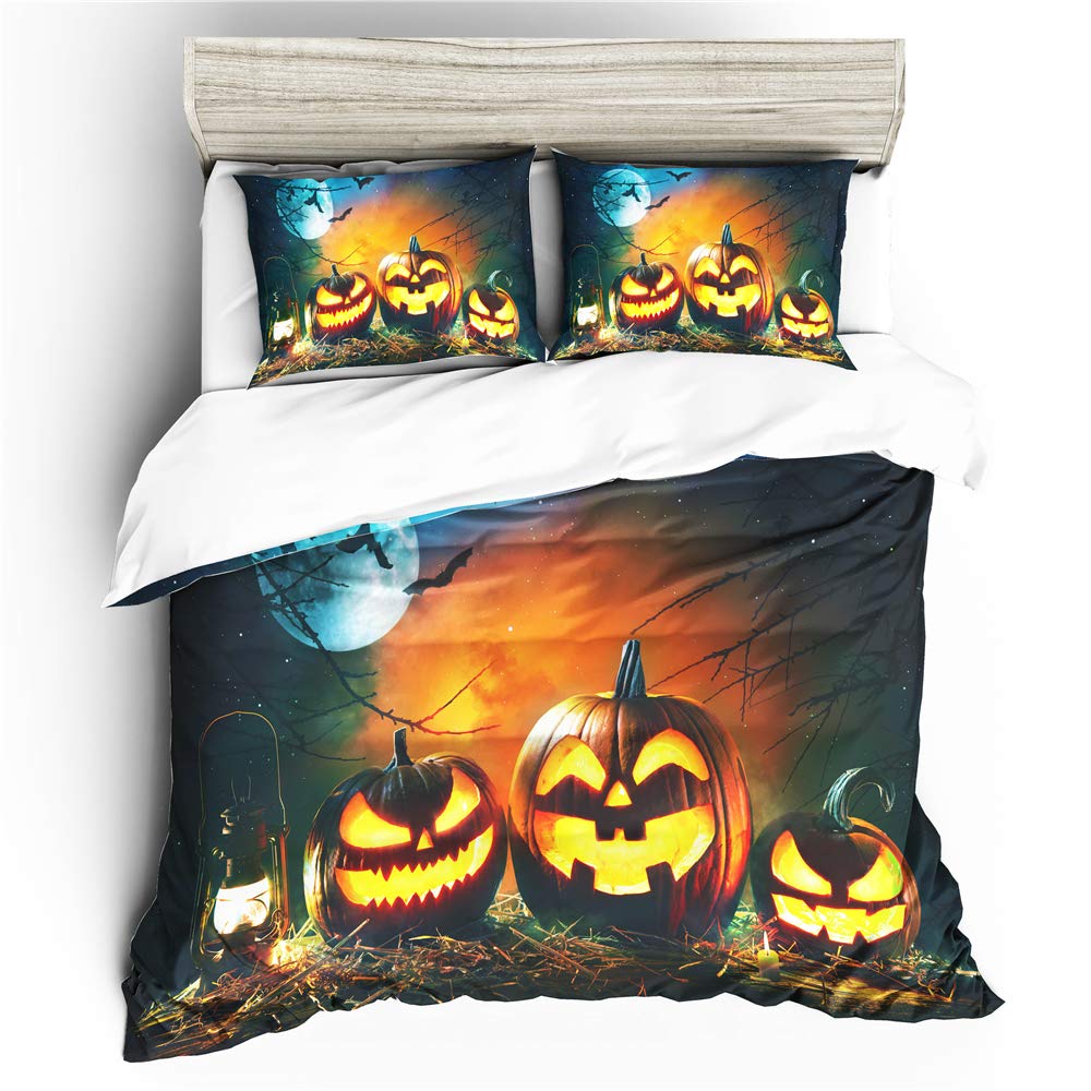Odot Pumpkin 3D Halloween Bedding Duvet Cover Set, Bedding Easy Care Microfiber Anti-Allergic Soft & Smooth With Pillow Cases Duvet Cover Pillowcases (Single 3Pcs-135X200cm,)