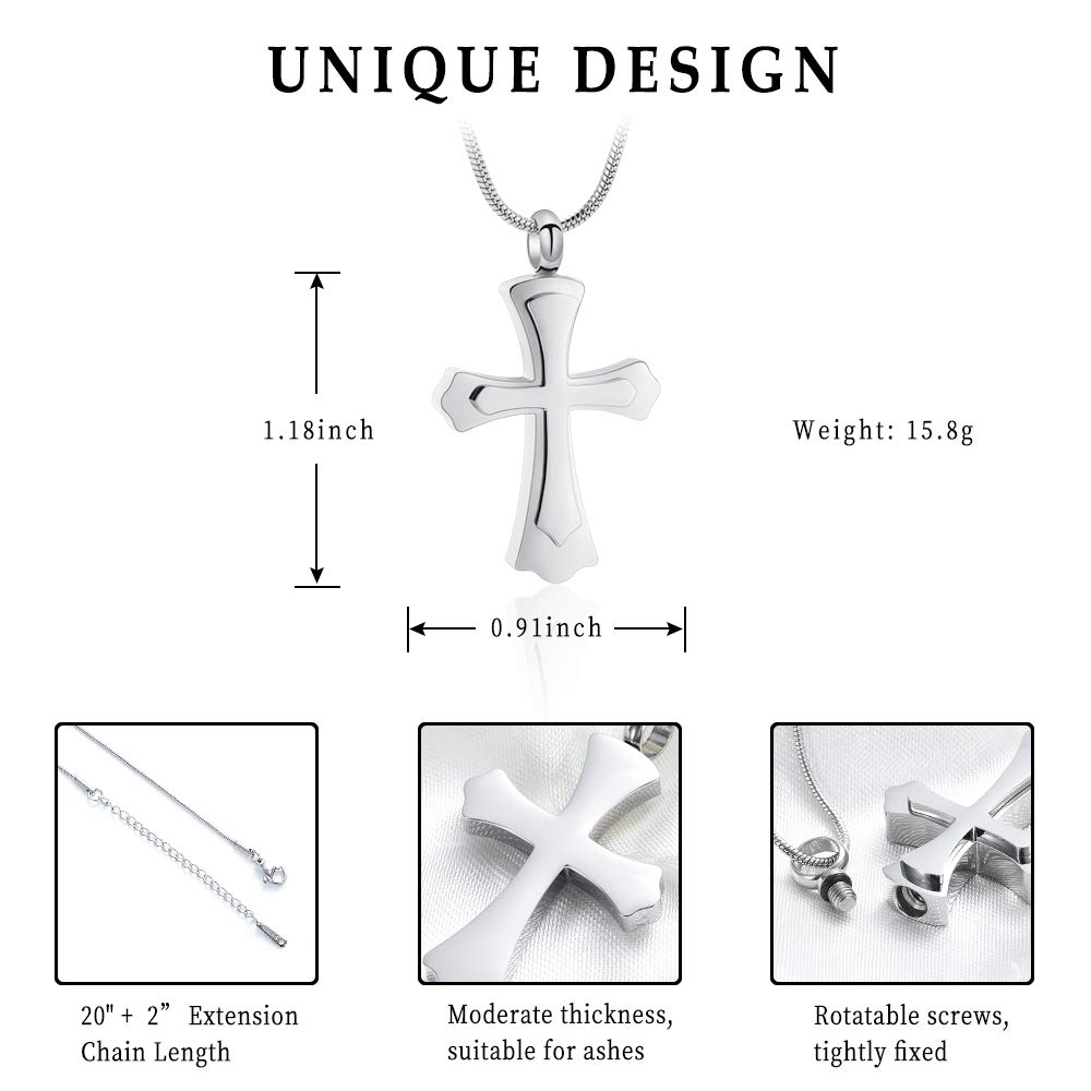Stainless Steel Cross Memorial Cremation Ashes Urn Pendant Necklace Keepsake Jewelry Urn (Silver Color)