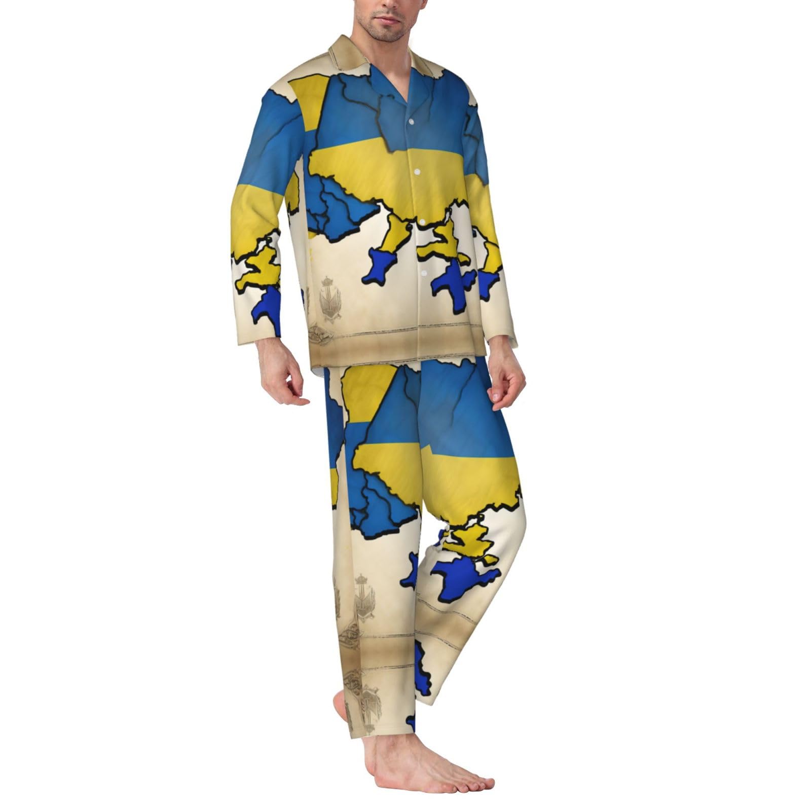 Ucraina Mappa topografica Pigiama da uomo a maniche lunghe Set pigiama Ucraina mappa topografica da uomo a maniche lunghe set pigiama morbido loungwear tasche pantaloni pigiama nero