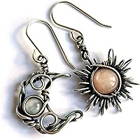 Boho Asymmetrical Sun & Moon Drop Dangle Earrings with Moonstone - Natural Stone Bohemian Celestial Jewelry for Women