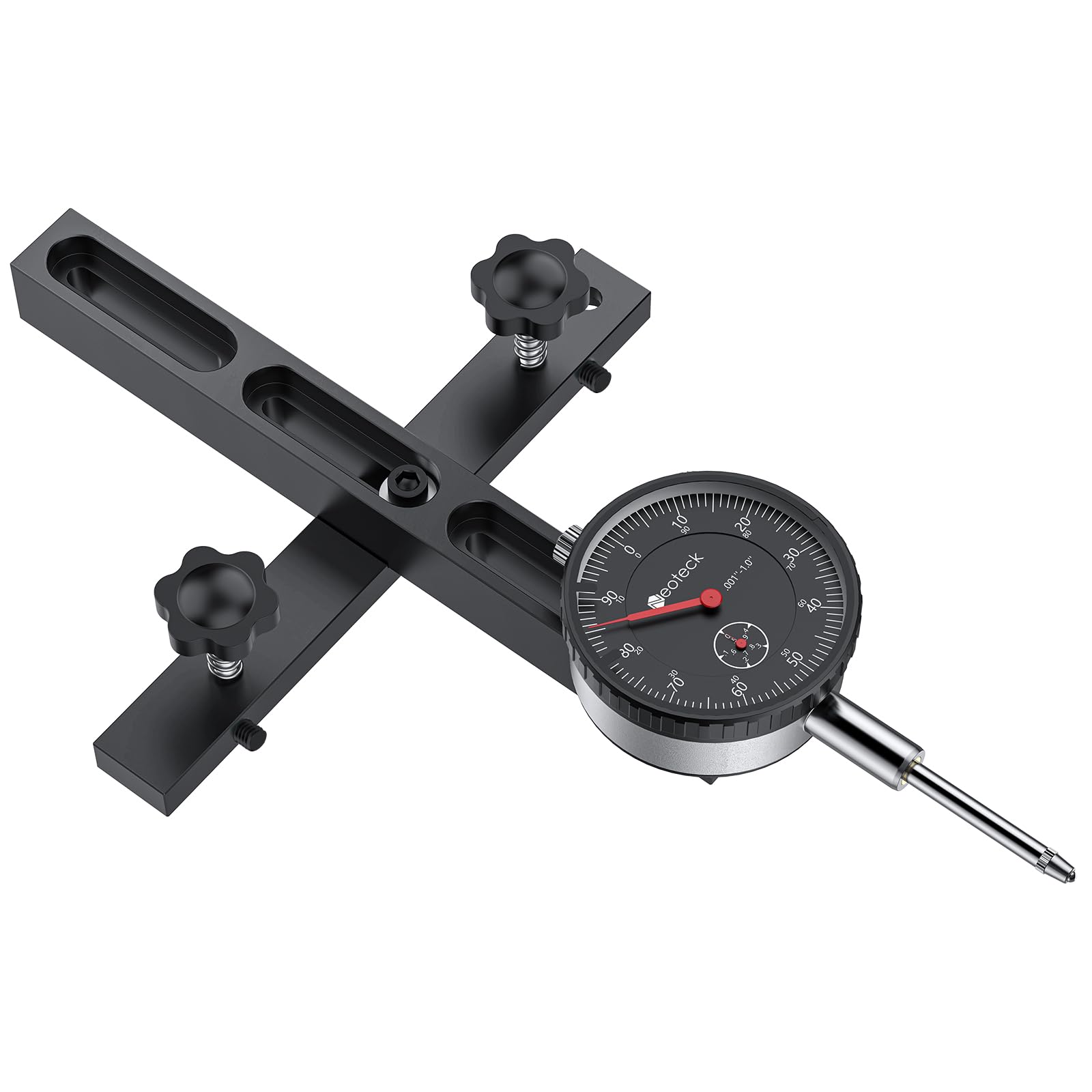 Neoteck 0-20 mm Rozdzielczość 0,01 mm Komparator mechaniczny do piły stołowej z anodowanym prętem aluminiowym, mocowanie na trzy suwaki, mechaniczna tarcza wskaźnika do pił stołowych-czarny