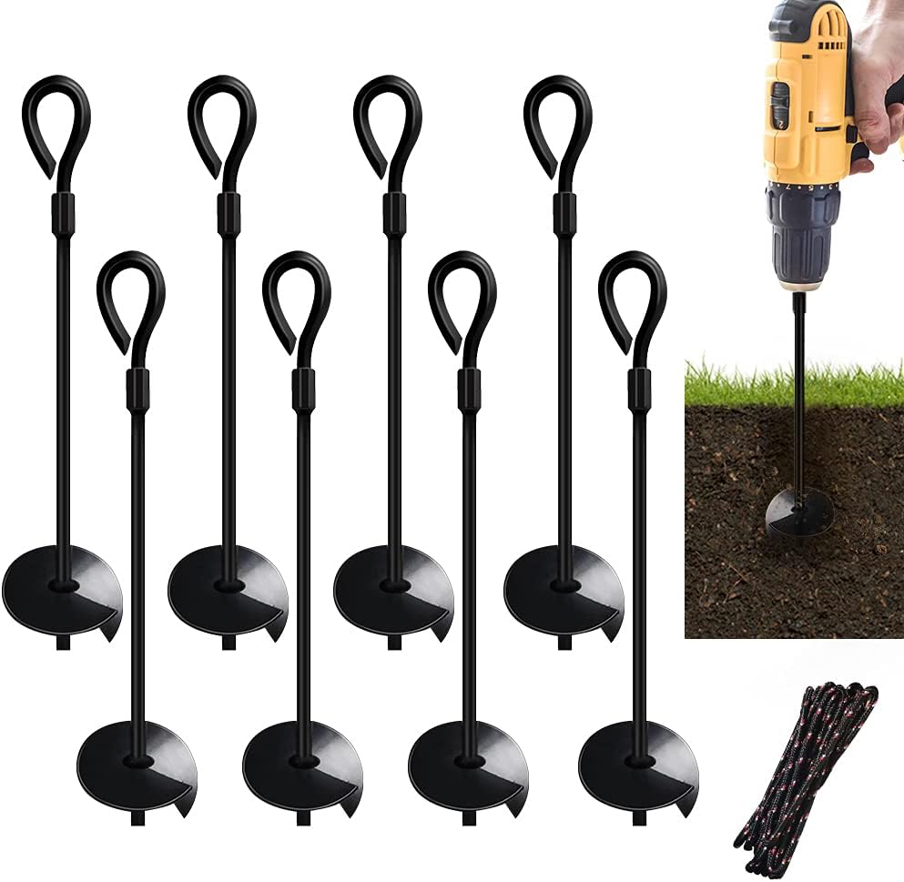 MIXXIDEA Dual-Purpose Ground Anchor 15 Inch 8 Pack Heavy Duty for High Winds Metal Ground Stakes Dog Tie Out Stake Screw Anchors Drill for Tents, Canopies, Swing Sets, Sheds, Trampoline