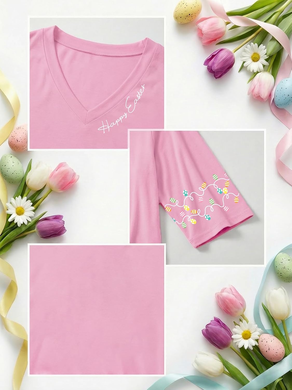 Easter Shirts for Women V Neck 3/4 Sleeve Happy Easter Day T-Shirts Bunny Peeps Eggs Graphic Top - Image 5