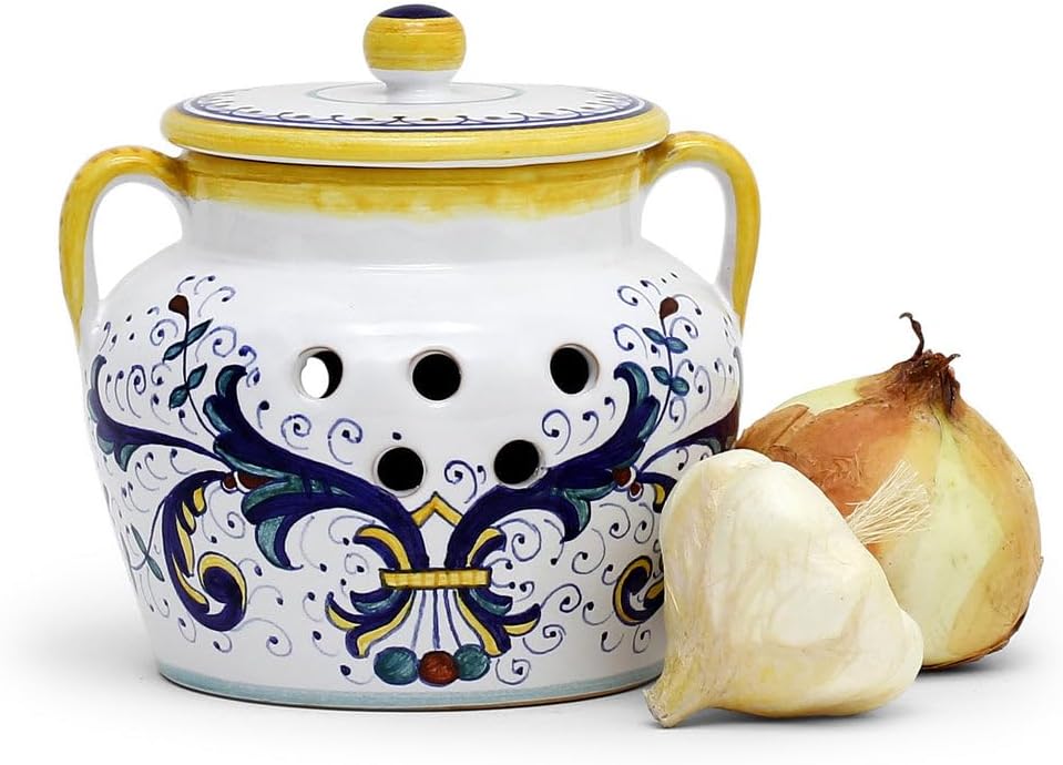 RICCO DERUTA CLASSICO: Garlic/Onion Jar Keeper with handles - Handpainted in Italy. Shipped from the USA with Certificate of Authenticity.