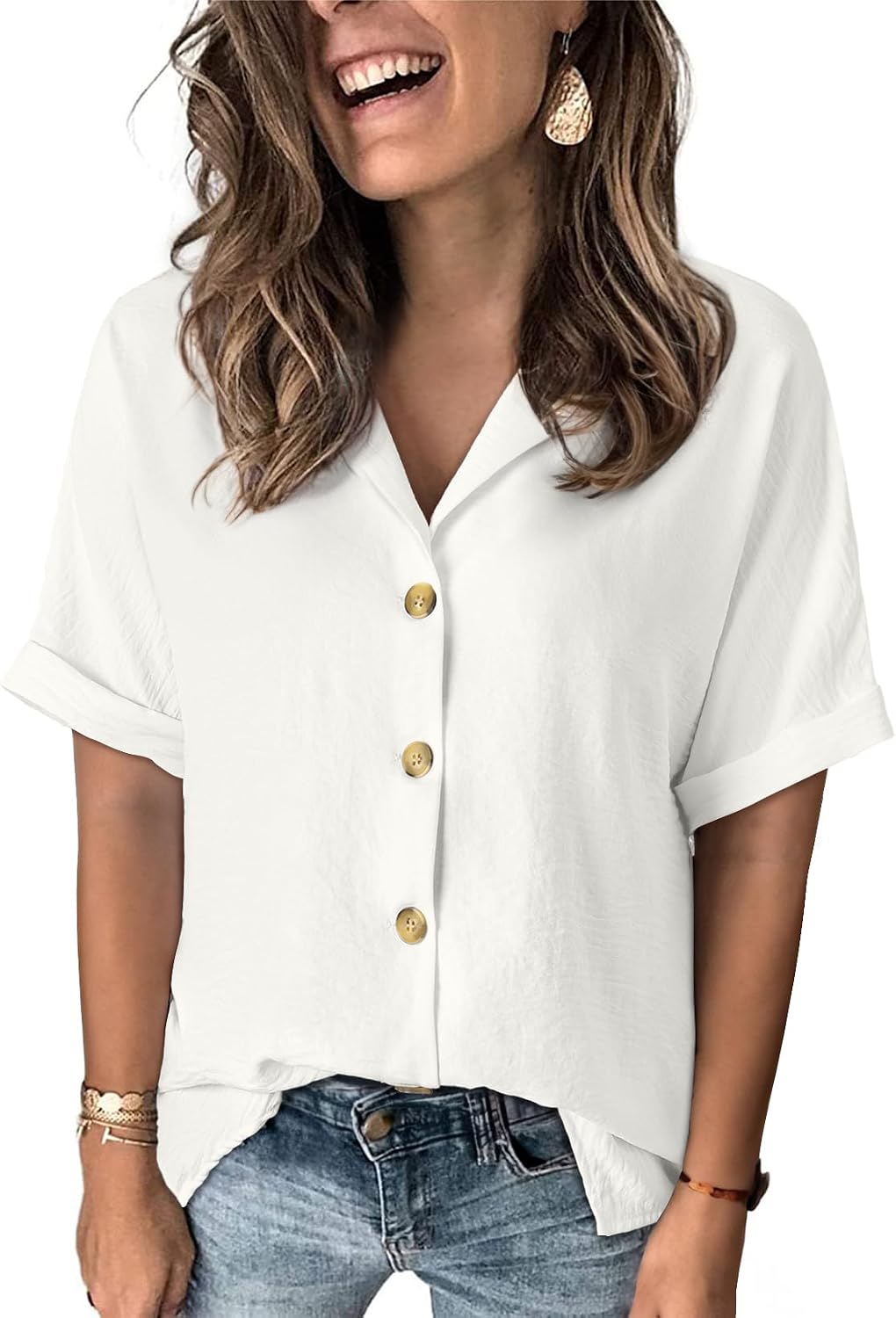 Dokotoo Women’s Dressy Casual V Neck Short Sleeve Button Down Shirts Relaxed Work Business Loose Blouses Tops