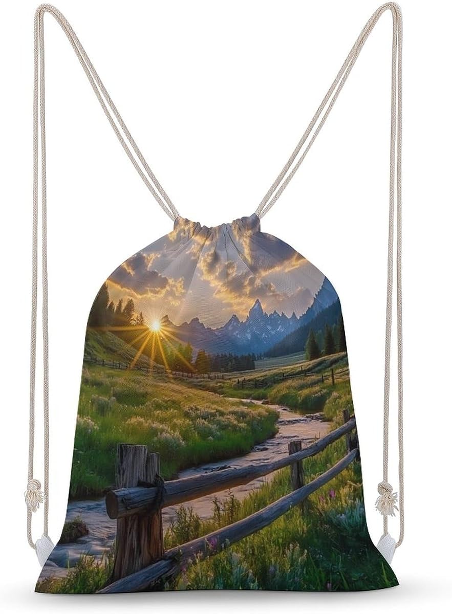 Sunset Grand Teton Landscape Drawstring Backpack Cute String Bag Canvas Daypack Travel Sackpack 30x40cm