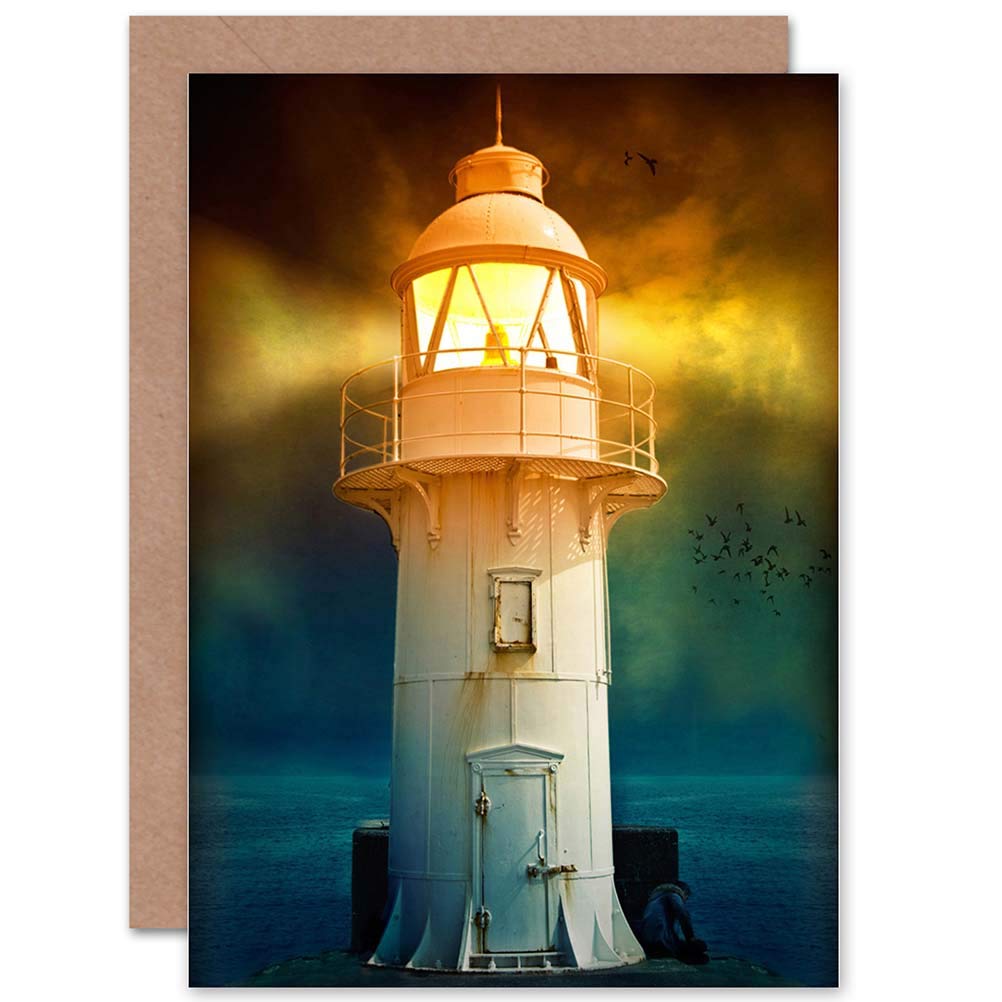 Artery8 Nautical Sea Greetings Card - Lighthouse Pier Sunset