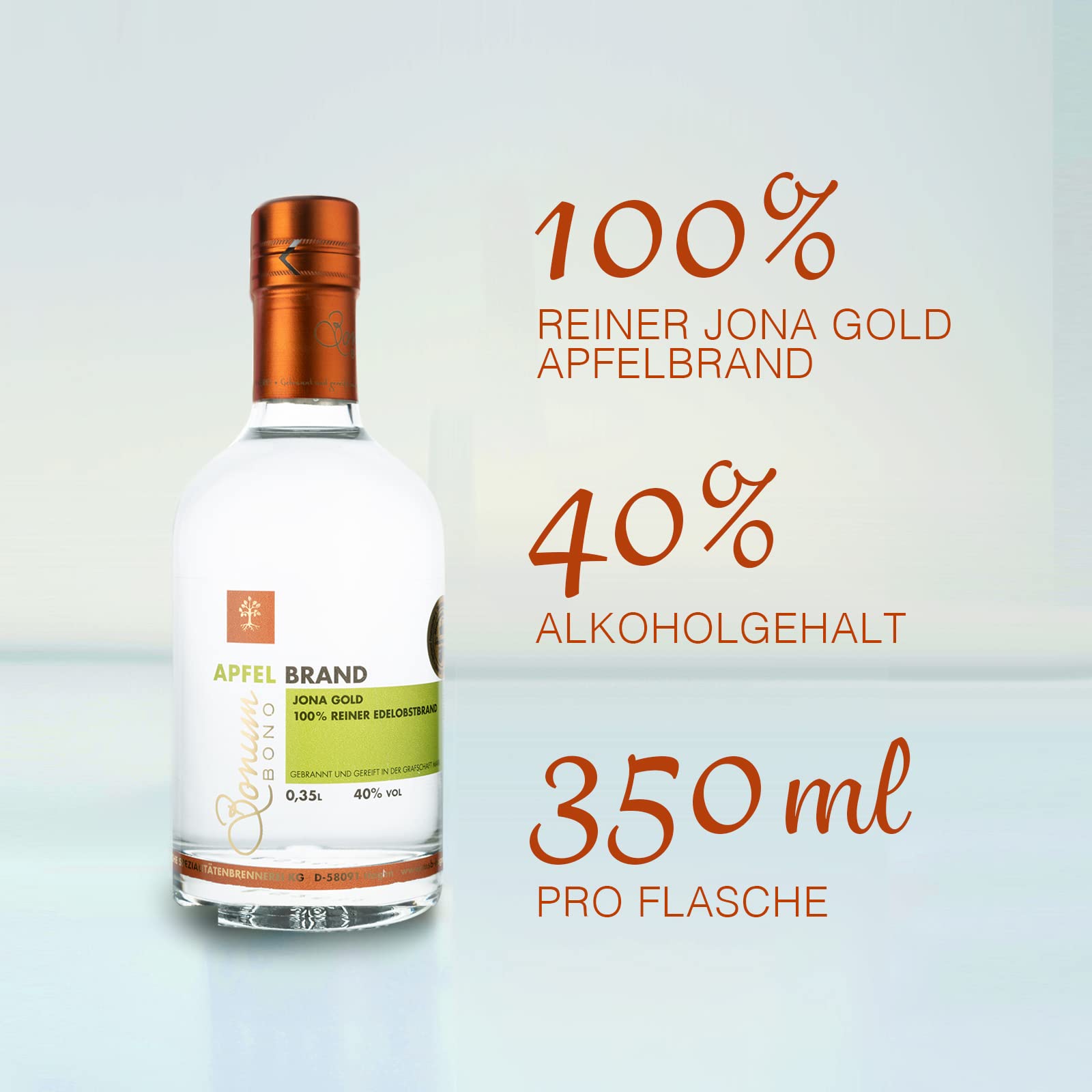 BONUM BONO Apfelbrand Jona Gold 1 x 0,35L | 40% vol. Alkohol | 100% reiner Edelobstbrand | süß-säucherliches Aroma von Äpfeln | deutscher Apfel Obstbrand | hochwertiger Edelbrand | Obstbrand Apfel