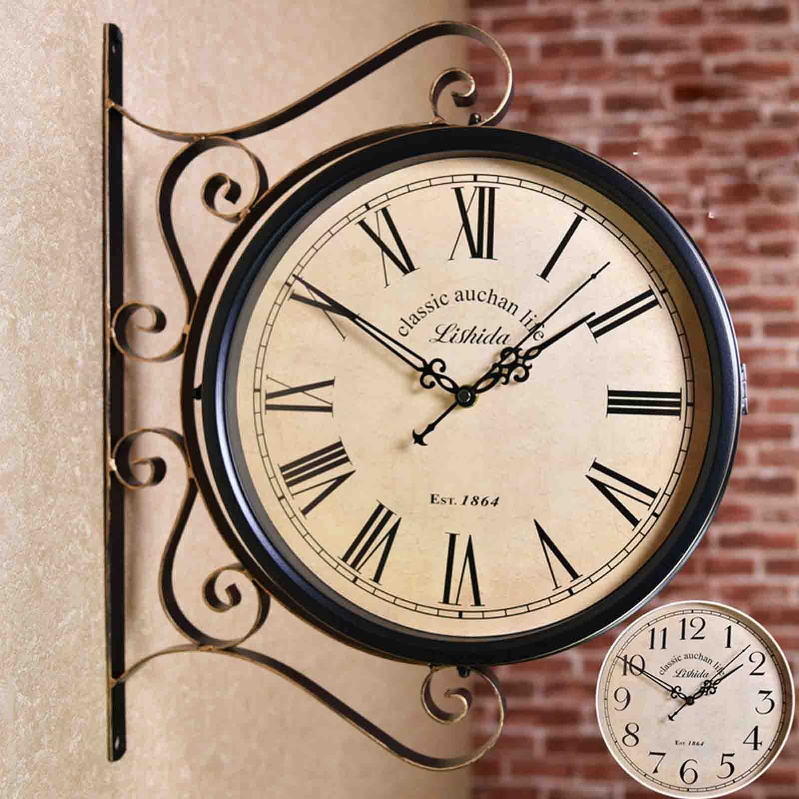 GTHTUHFD Double Sided Wall Clock Vintage Grand Central Station Wall Clock 360 Degree Wrought Iron Retro Antique Wall Clock For Indoor Outdoor Home,C