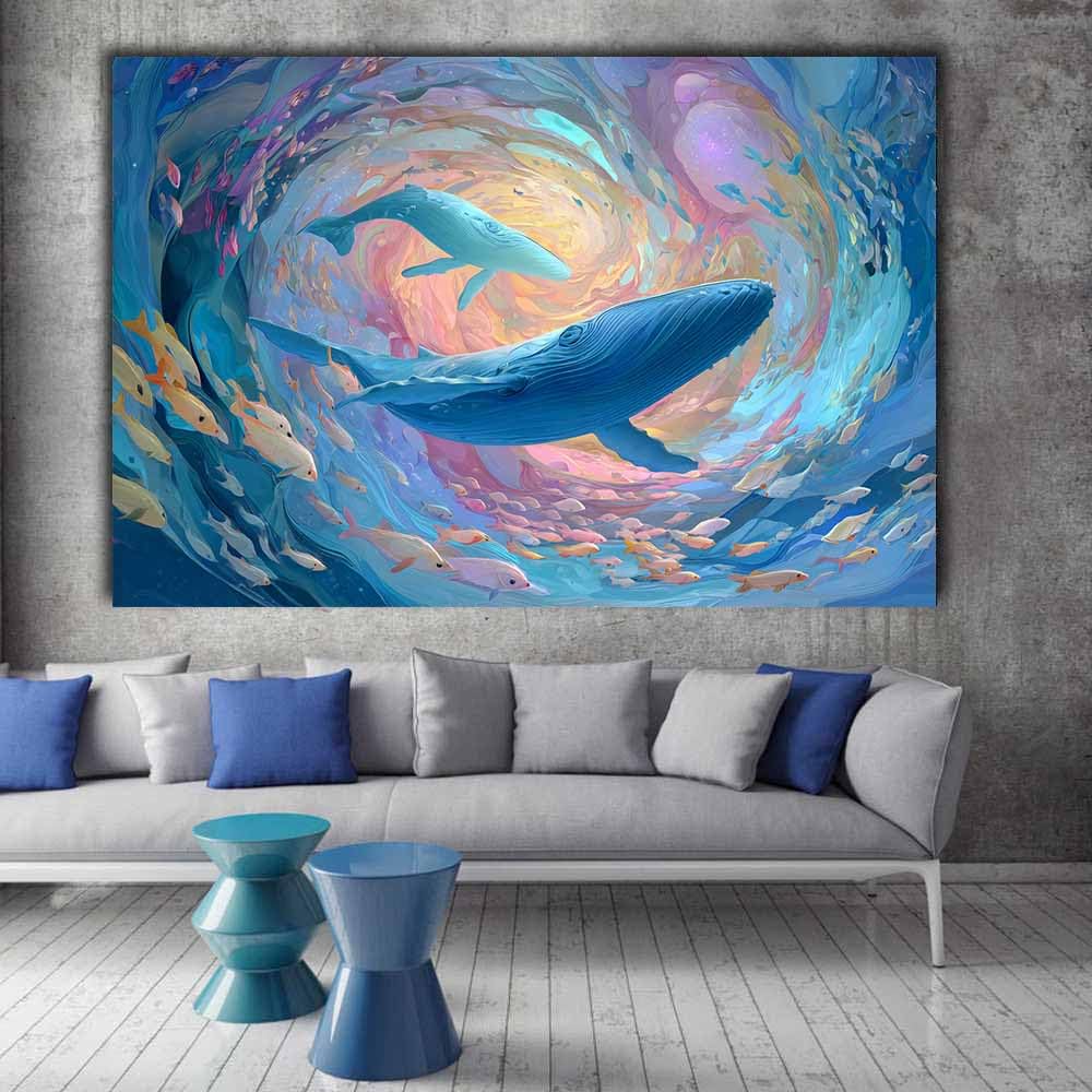 WUFIEA Ogólny abstrakcyjny obraz na płótnie wieloryb i wir morski do salonu sypialni biura dekoracja (niebieski 50) - 60 x 80 cm oprawiony