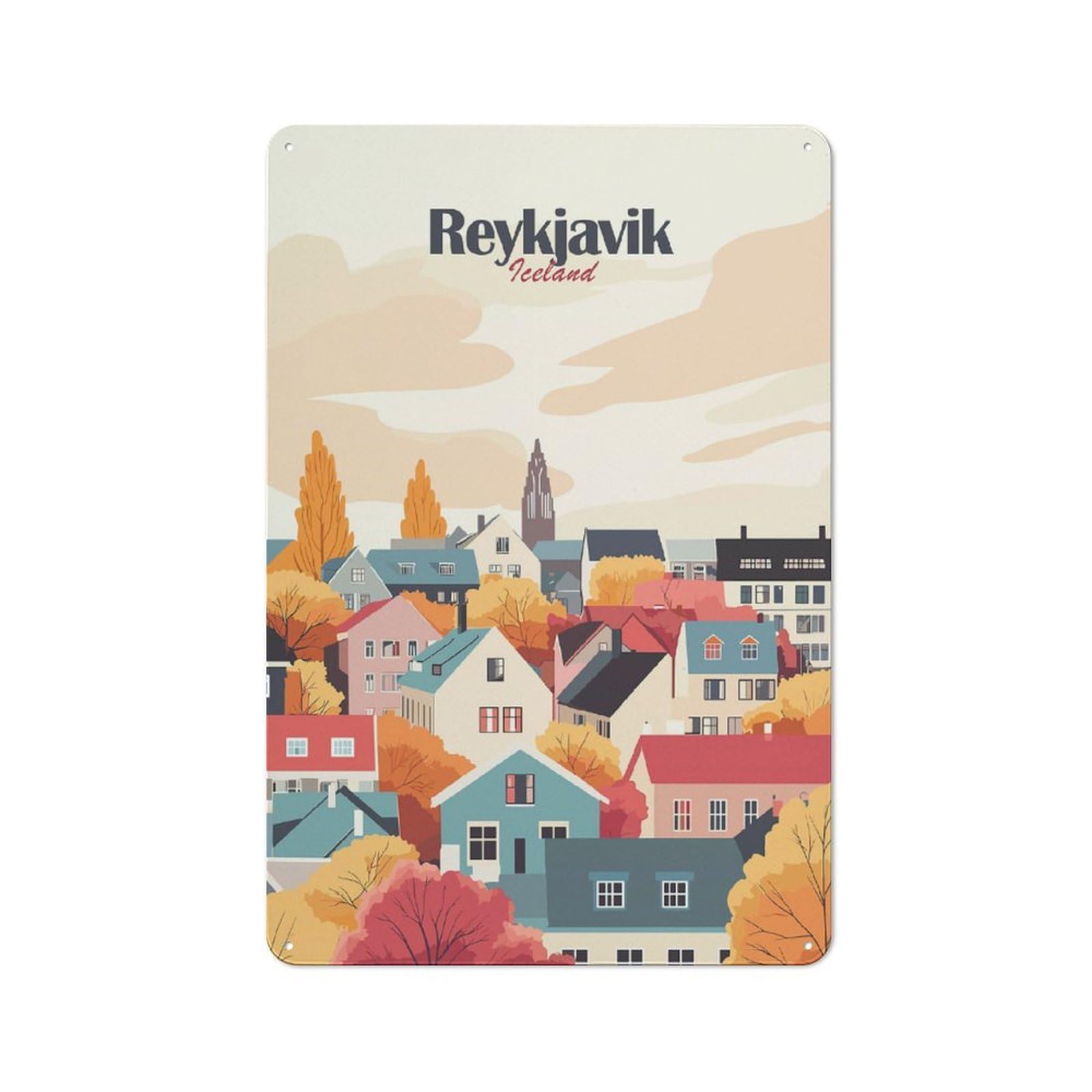 Junmoney Style-2 Decorative Tin Plaque With Reykjavik Cityscape(2) Design 30X20cm, Decorative Novelty Wall Art For Bedroom, Kitchen, Office Or Living Room