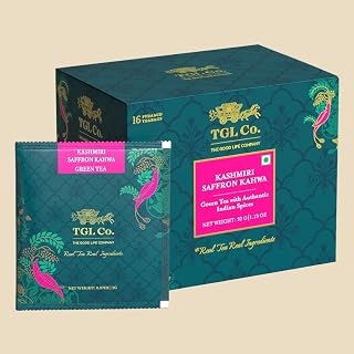 TGL Co. Kashmiri Saffron Kahwa Green Tea (16 Tea Bags) | Saffron-Infused Aromatic Blend | Boosts Immunity & Energy | Supports Digestion | Relieves Stress | Rich & Exotic Flavor