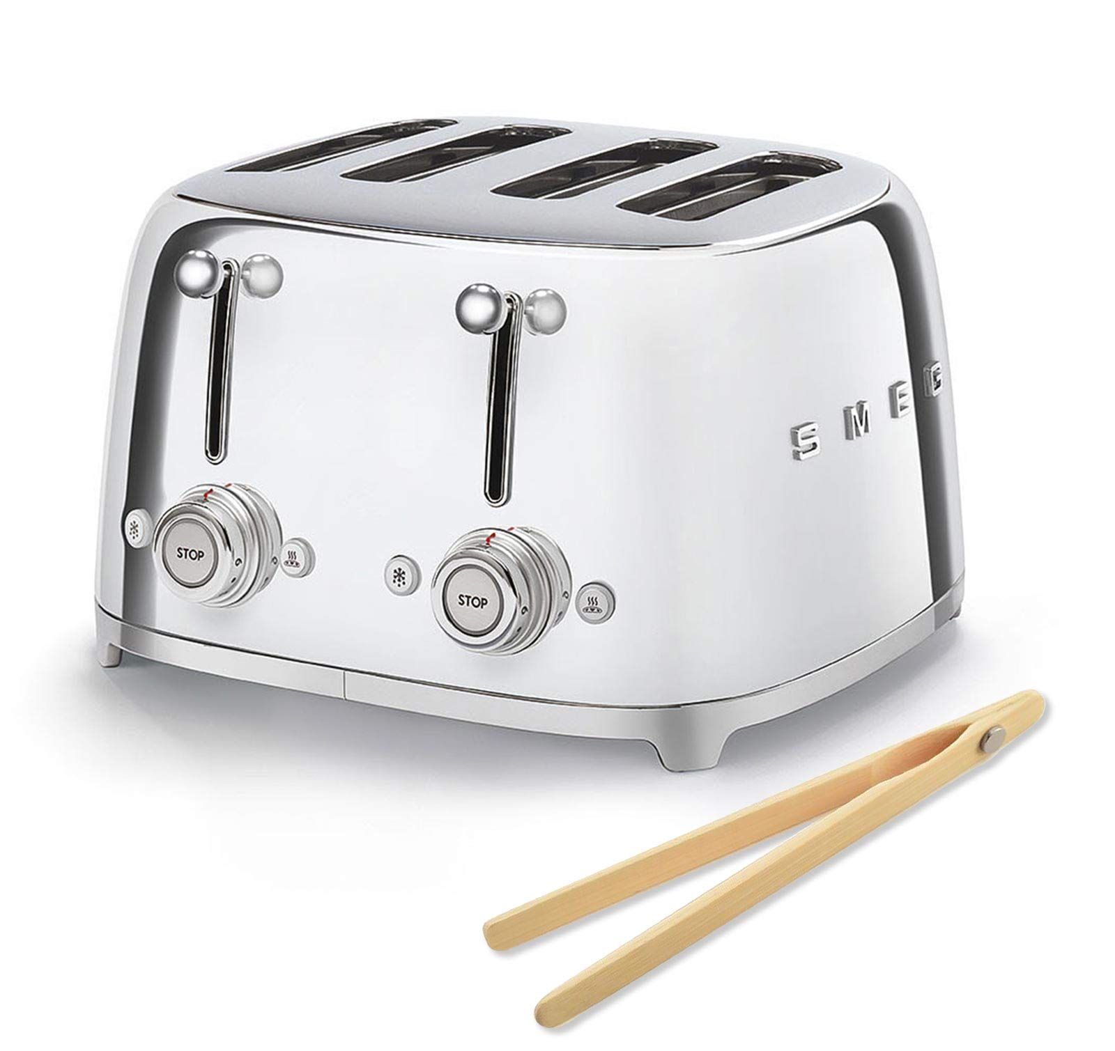 Smeg 50s Retro 4-Slot Toaster TSF03SSUS Bundle with Bamboo Tongs - Chrome