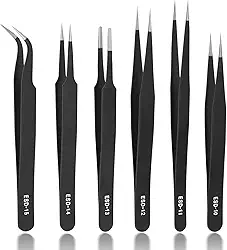 Conjunto de 6 Pinças de Precisão ESD, Kit de Pinças Antiestáticas de Aço Inoxidável, Ponta Angulada/Dobrada/Cabeça Chata