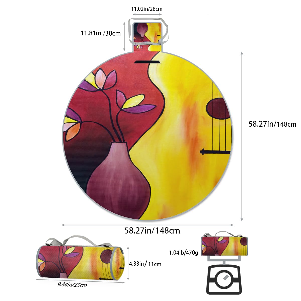 Shimoshe Watercolor Flower Grunge Picnic Outdoor Blanket Foldable Waterproof Sandproof Beach Blanket Portable Water-Resistant Round Picnic Mat for Travel Camping Park Lawn