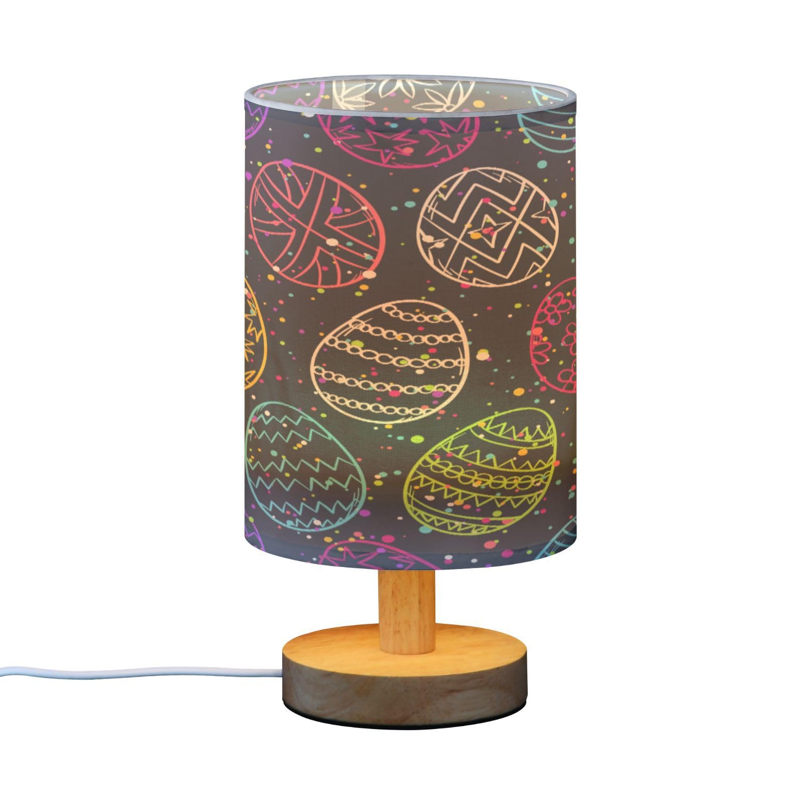 SDMKA Easter Eggs Pattern Bedside Table Lamp for Bedroom, Minimalist Nightstand Lamp with Round Fabric Shade for Living Room, Office, No Bulb Required