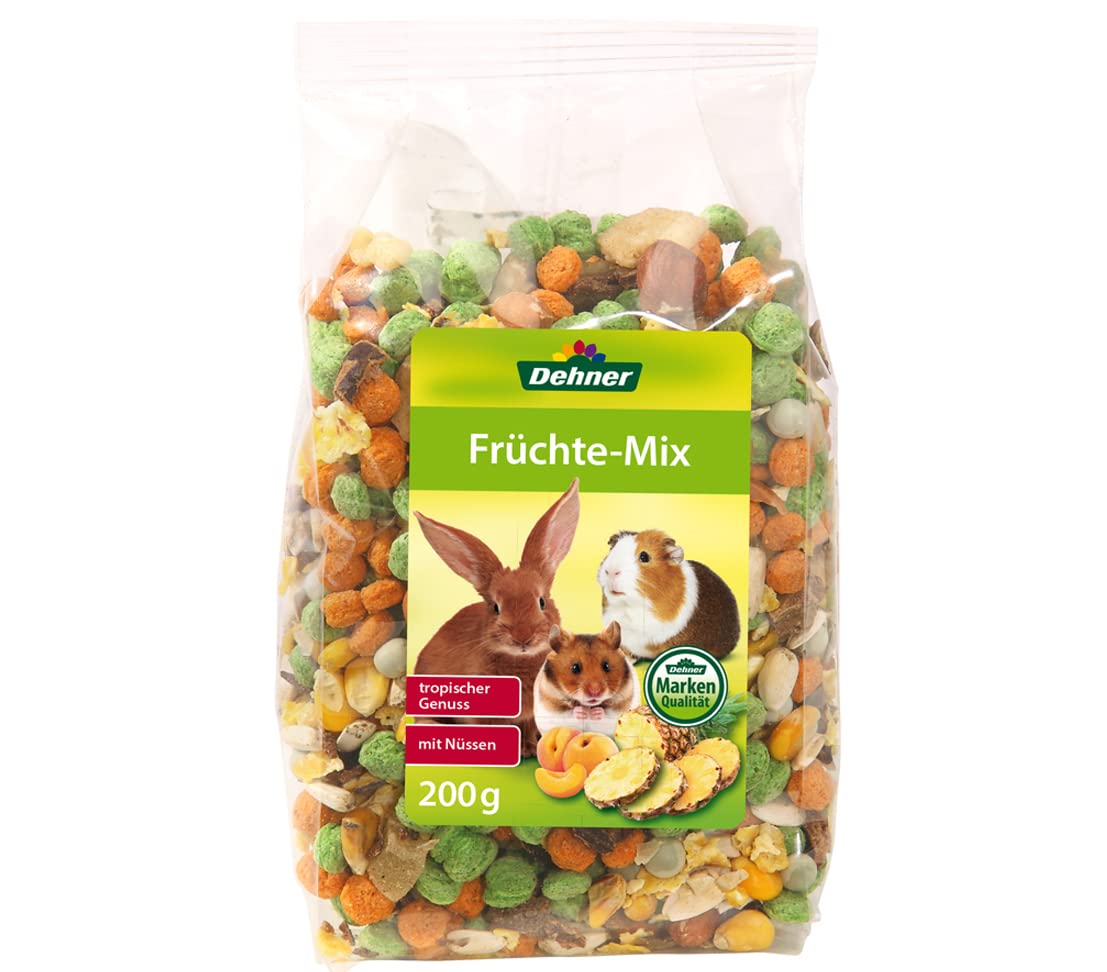 Dehner Alimento para roedores Rico en vitaminas, Rico en minerales, para Conejos y roedores, Mezcla de Frutas con nueces, 8 x 200 g (1,6 kg)