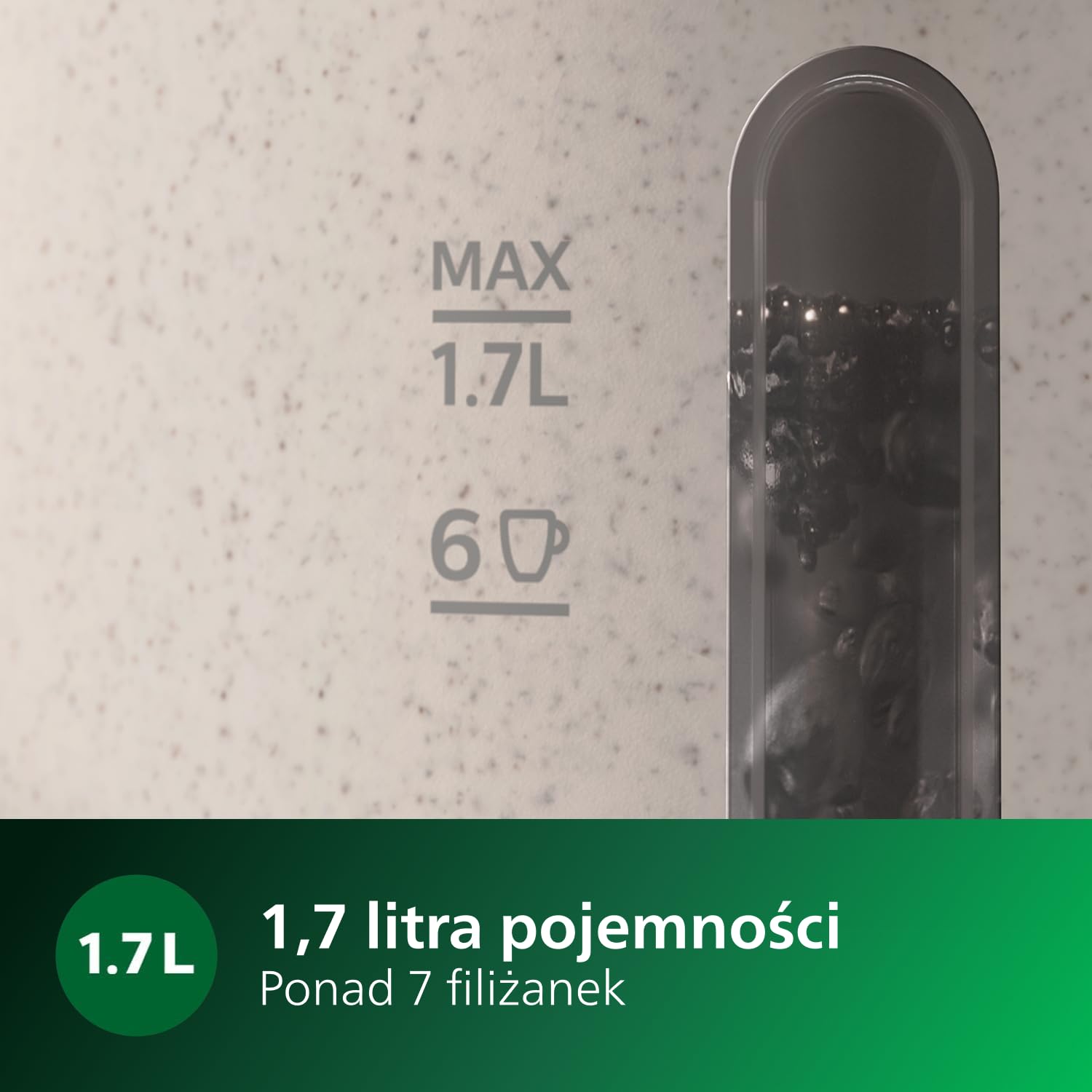 Philips Czajnik elektryczny z serii Eco Conscious, Duża pojemność - 1,7 L, Wykonany w 100% z bioplastiku², Element grzejny ze stali szlachetnej, Kolor Biały z matowym wykończeniem (HD9365/10)