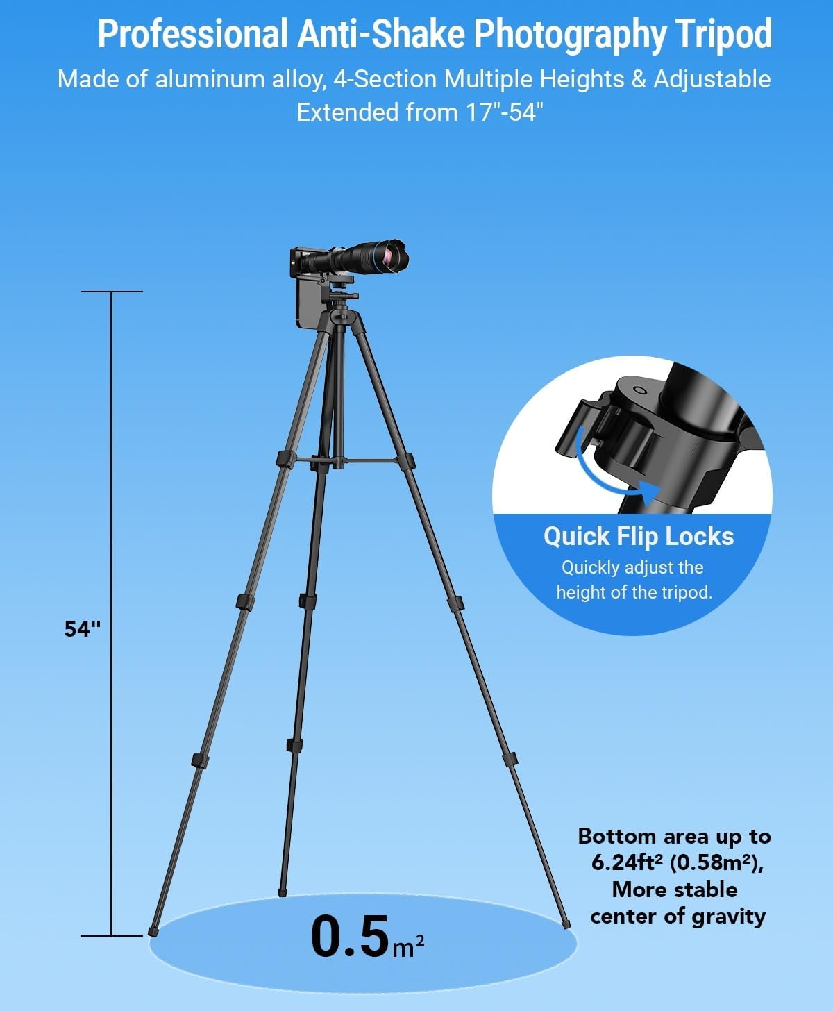 60x Zoom Telephoto Phone Lens with Professional Tripod for iPhone/Samsung/Google/Nokia/Oppo/Huawei