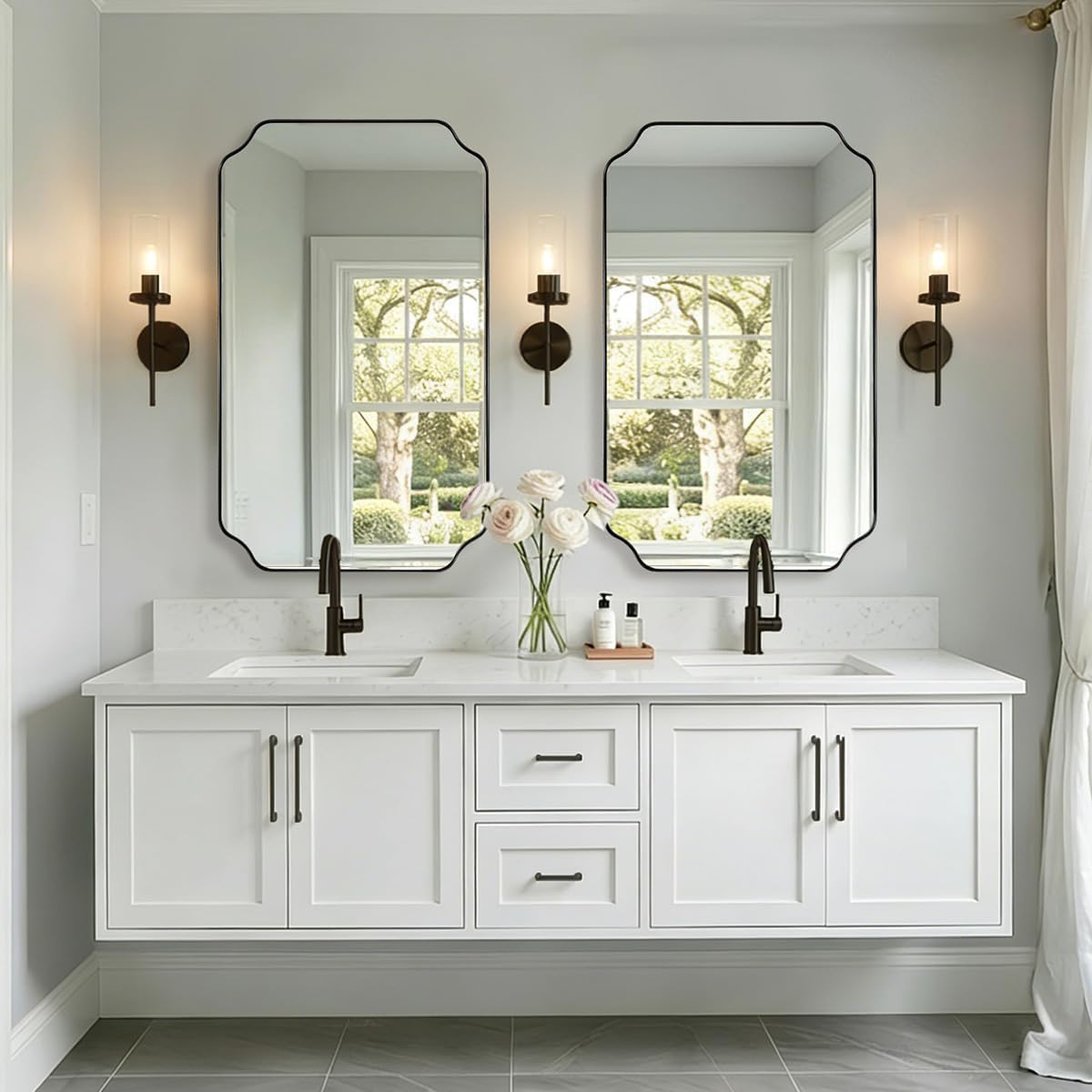 24x40 Scalloped Mirror, Contemporary Black Scalloped Bathroom Vanity Mirrors, Rounded Notched Corner Rectangle Mirror in 1’’ Stainless Steel Metal Frame Wall-Mounted Vertical/Horizontal