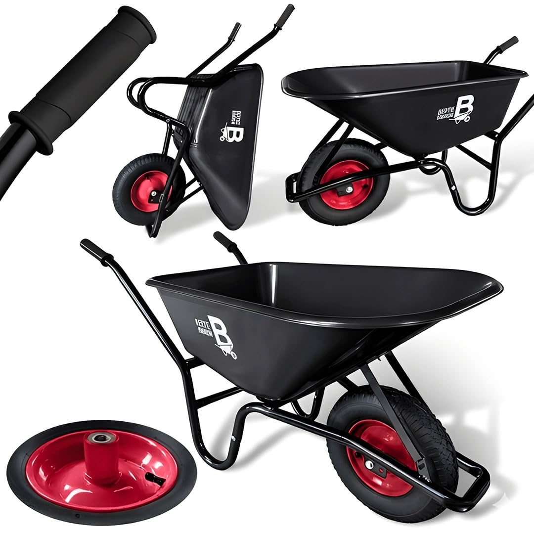 Bertie Barrow 100L Heavy Duty Garden Wheelbarrow – 250KG Max Load – Rust-Proof Plastic Tray Wheel Barrow with Pneumatic Tyre & Steel Rim – Ideal for Gardening, Stables, DIY & Landscaping – Black