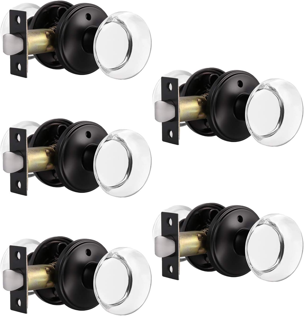 Probrico Clear Glass Crystal Door Knobs with Lock Heavy Duty Real Glass Privacy Door Handles Keyless Hardware for Interior Bed/Bath with Black Round Rosette, 5 Pack