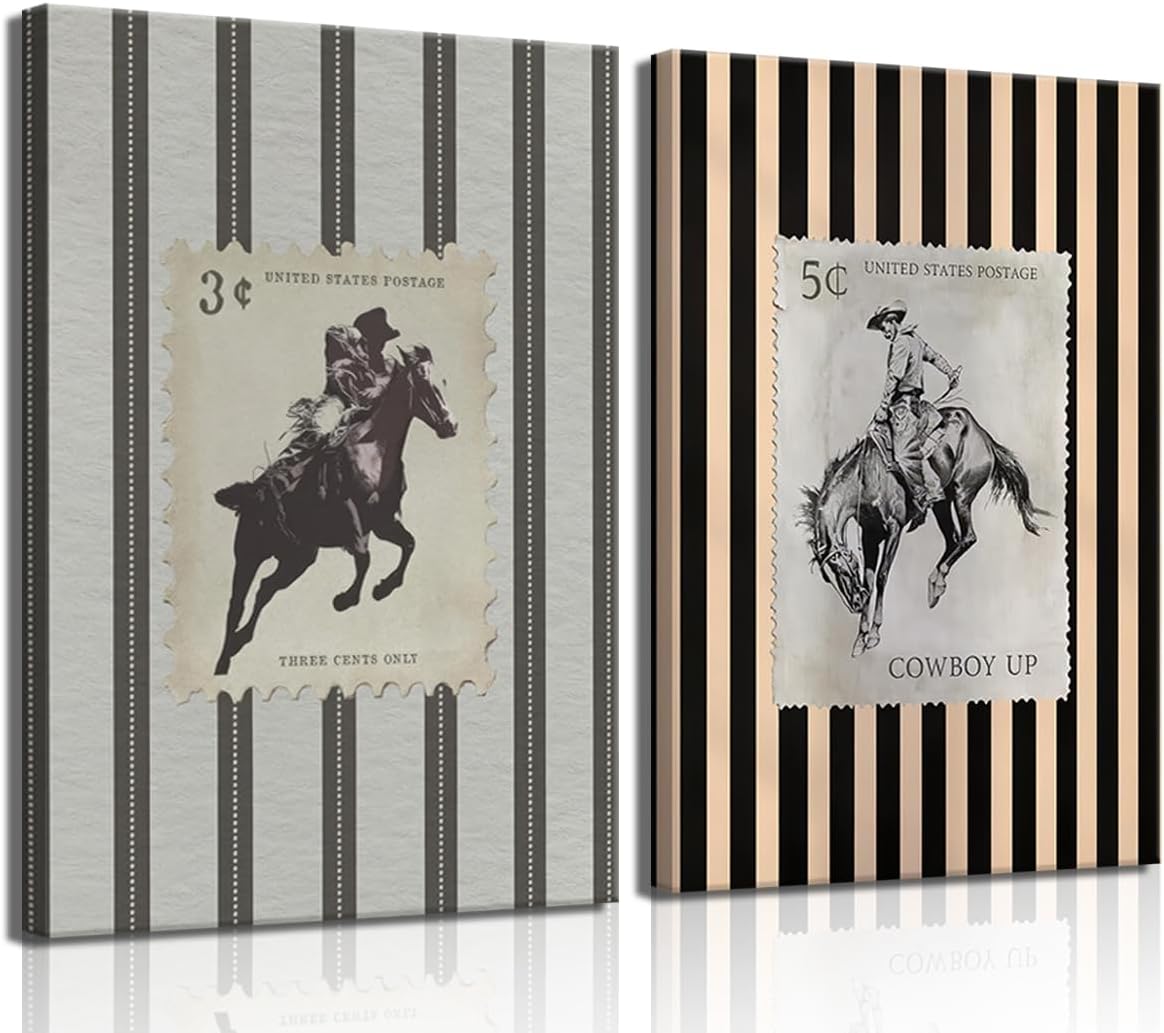 ZPJLRFC 2Pcs Vintage Western Cowboy Canvas Wall Art Stripes Rodeo Cowboy Horse Postage Posters Artwork Modern Mid Century Rustic Ranch Painting Pictures Wall Decor for Rustic Home Decoration 12x16in