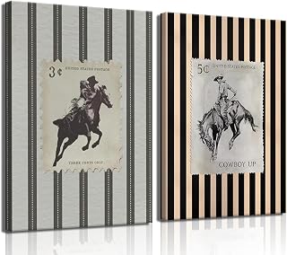 ZPJLRFC 2Pcs Vintage Western Cowboy Canvas Wall Art Stripes Rodeo Cowboy Horse Postage Posters Artwork Modern Mid Century Rustic Ranch Painting Pictures Wall Decor for Rustic Home Decoration 12x16in
