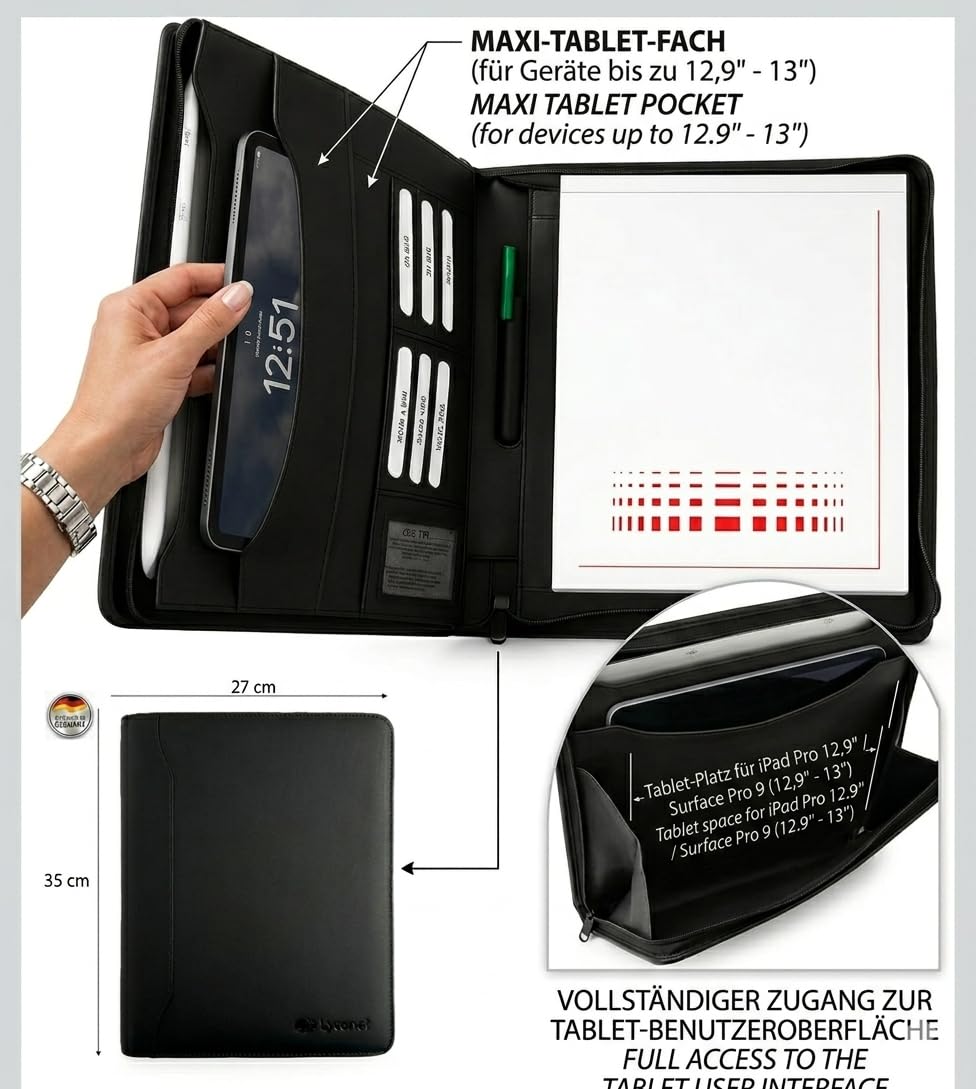 Porte-documents A4 en cuir de vachette véritable avec fermeture éclair, bloc-notes et compartiments