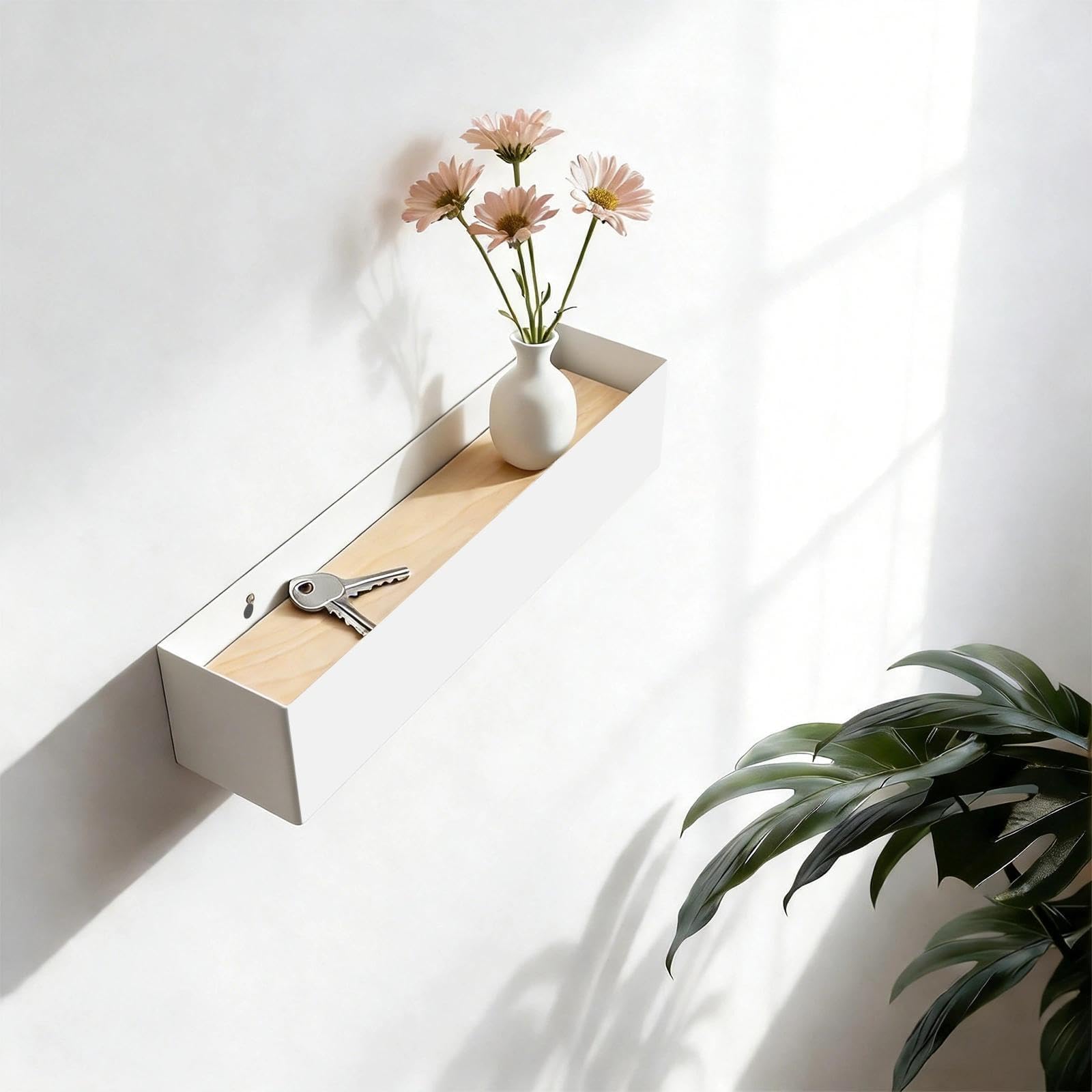 Porta Chiavi da Muro per Casa con Ripiano, Appendi Chiavi a Muro con 5 Ganci, Metallo-Legno Portachiavi da Parete Moderno, Salvaspazio, 30 x 7,5 x 6 cm, Bianco, per Ingressi, Corridoi, Soggiorni