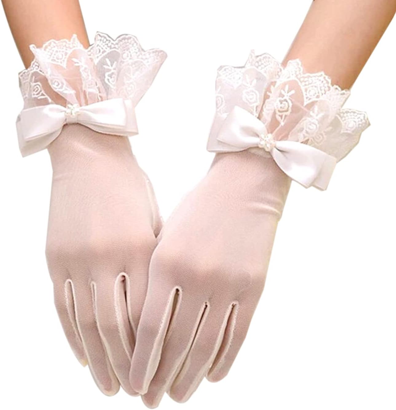 Women's Bridal Floral Short Lace Gloves, Women Wrist Length Gloves for Wedding Party