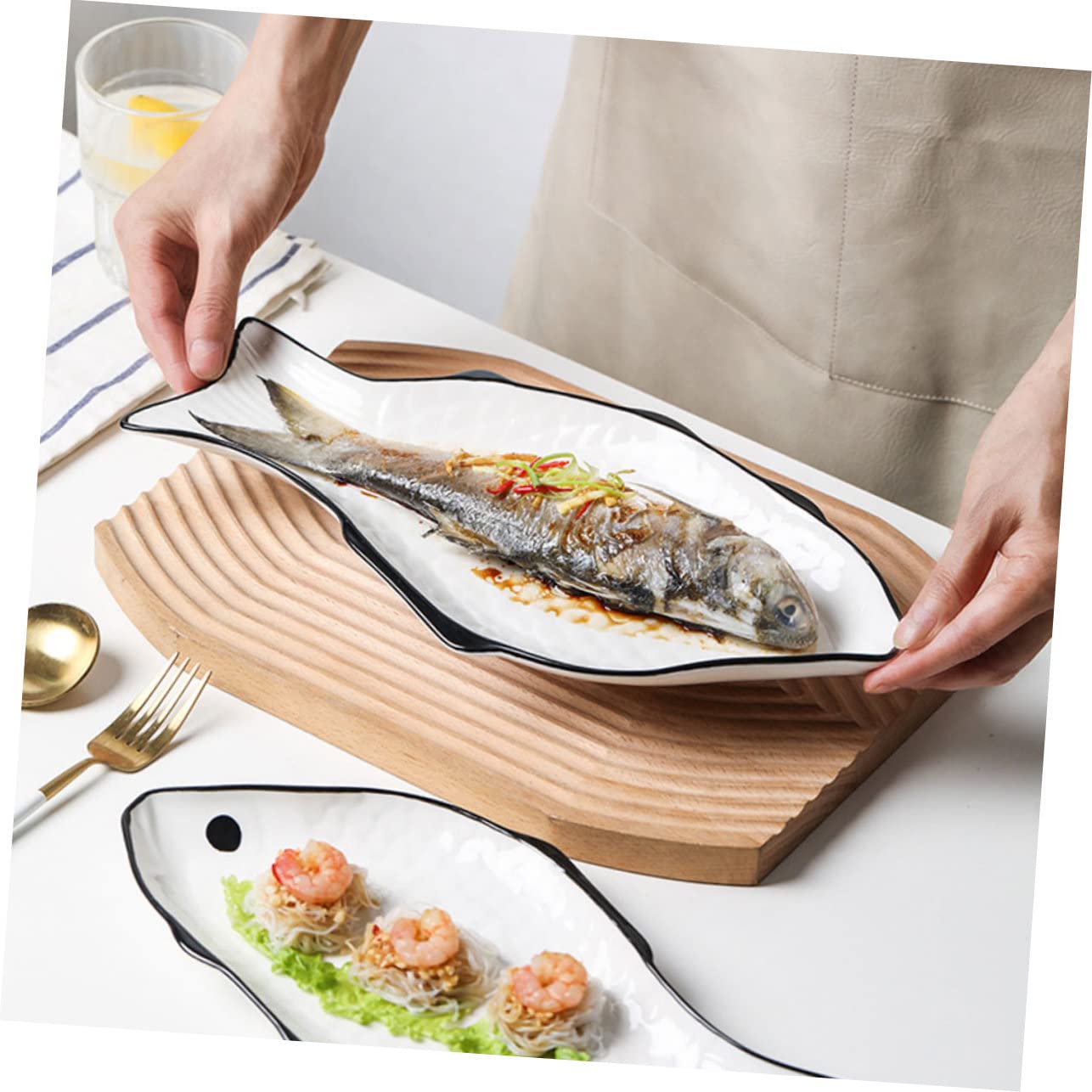 Cabilock Assiette en Céramique Forme de Poisson Blanche pour Cuisson Vapeur et Conservation des Aliments, Pratique et Facile à Nettoyer, pour Hôtel ou Maison