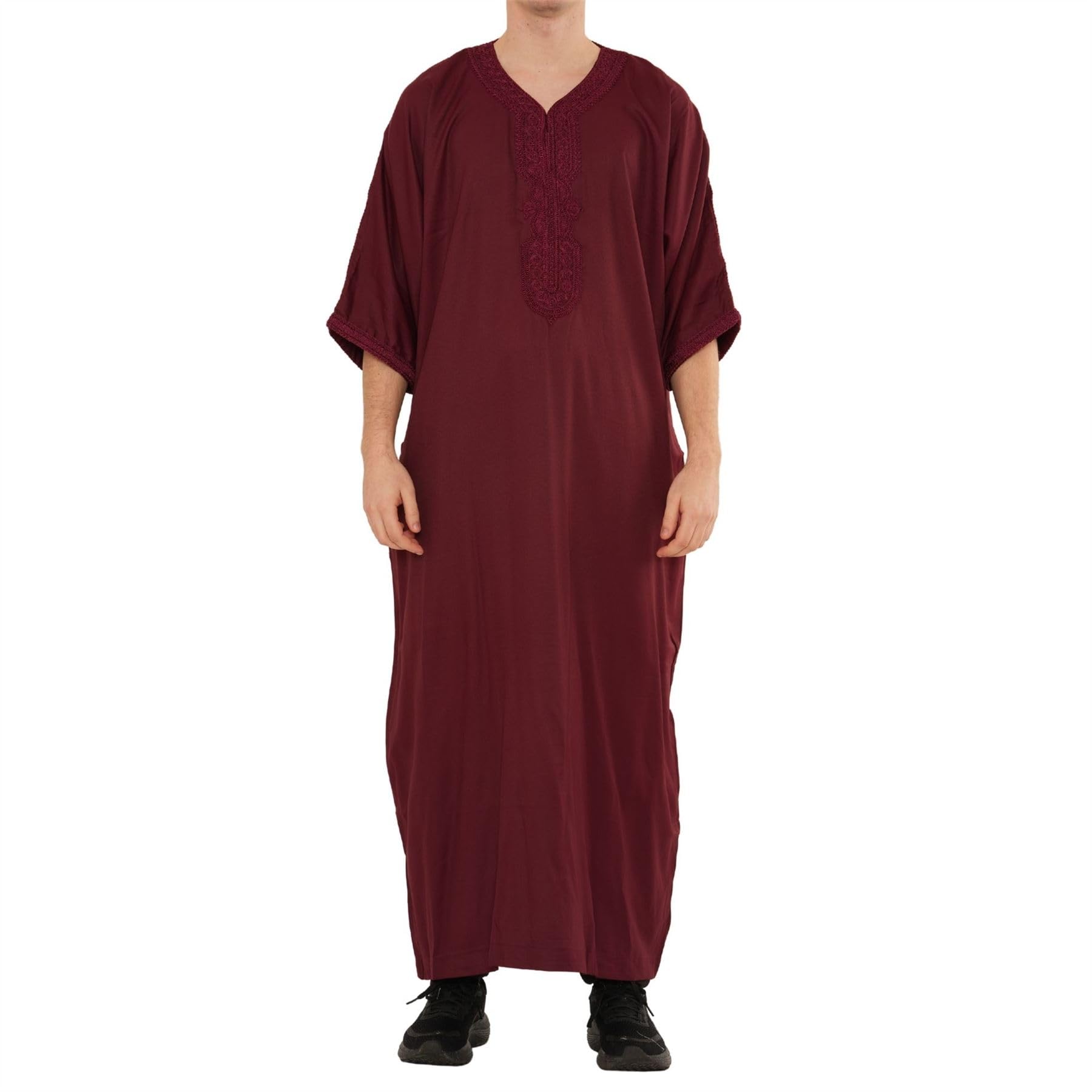 Men's Moroccan Thobe Half Sleeve Gandoura Embroidery Kaftan Eid Ramadan - Wine 52